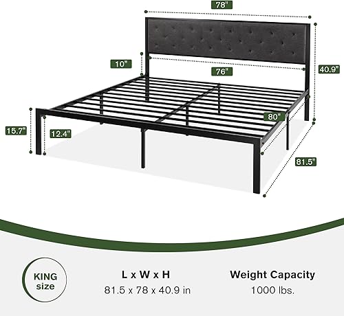 Miniatura 25 de MUTICOR Elegante marco de cama de tamaño matrimonial con cabecera tapizada de piel sintética con botones, listones de metal resistentes, Negro