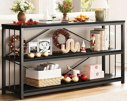 Miniatura 25 de LVB Mesa Consola Industrial de Granja, Mesas de Sofá de Entrada de Metal y Madera con Almacenamiento, Mesa de Entrada Rústica Larga de 3 Niveles