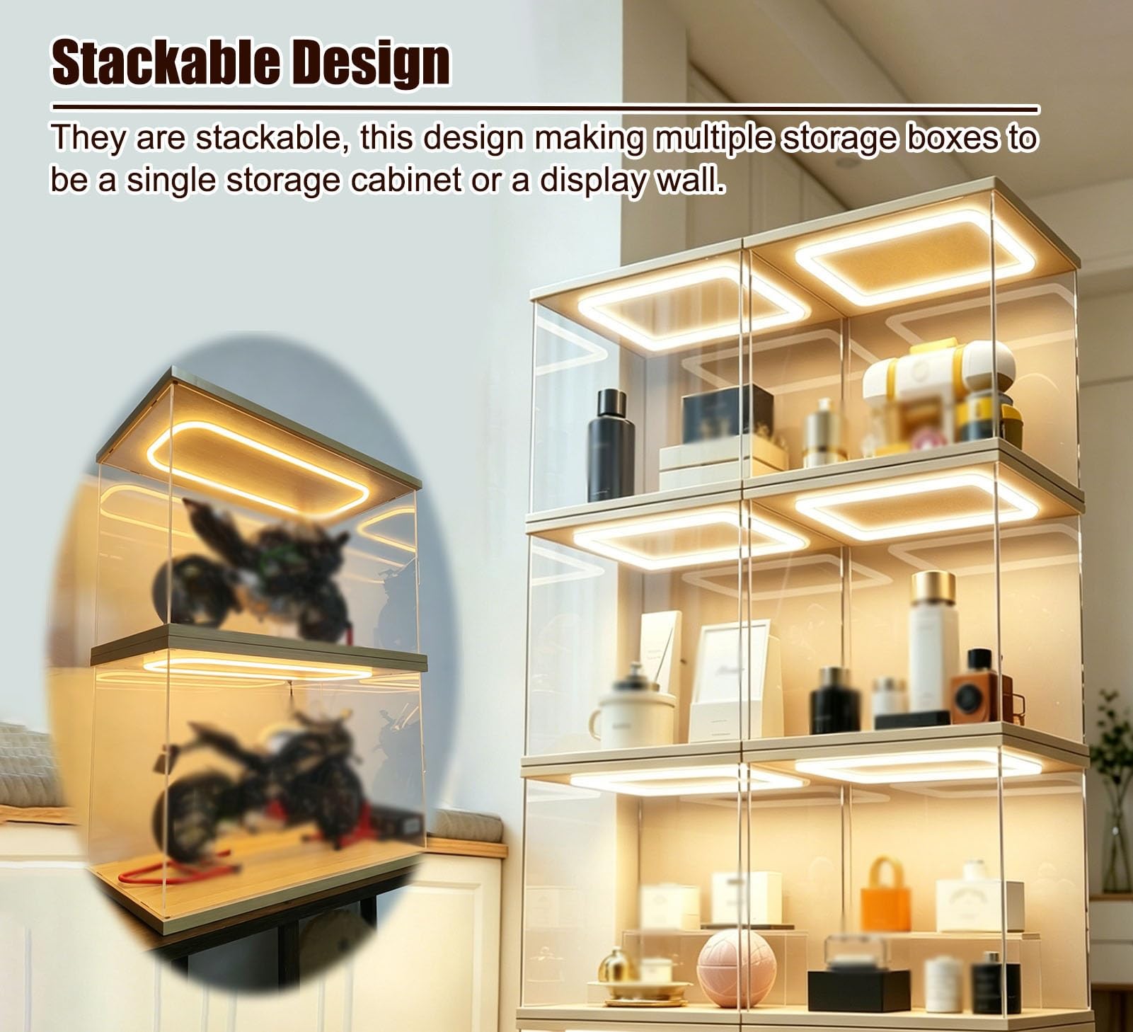 Acryl Vitrine LED-beleuchtete Acrylvitrine mit Fronttür, Stapelbare, Hohe Vitrine Trophäen/Figuren/Modelle, Staubdichte Aufbewahrungsbox, Montage Ohne Klebstoff(30x30xH55cm/12x12x22in)