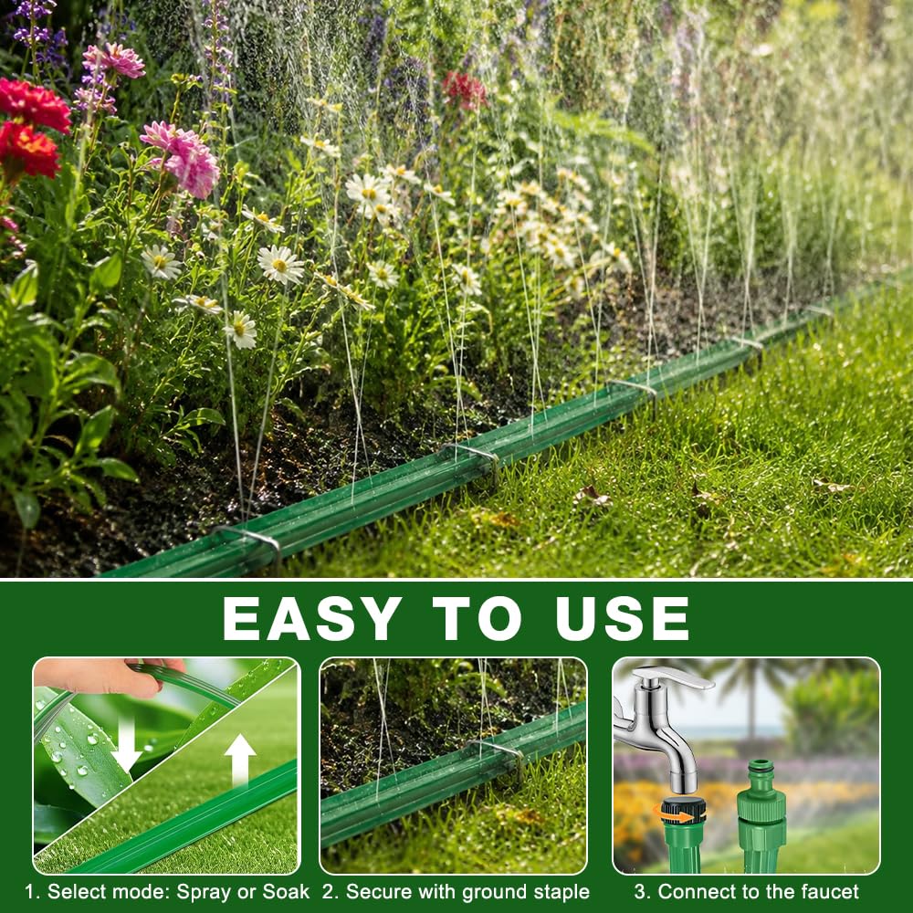 2 PCS Tubo Irrigazione Forato, Tubo Irrigatore 15 m Piatto Tubo Irrigazione a Goccia, Tubo Irrigazione Estensibile con 20 Picchetti da Terra, Manichetta per Irrigazione Prati Aiuole Piante