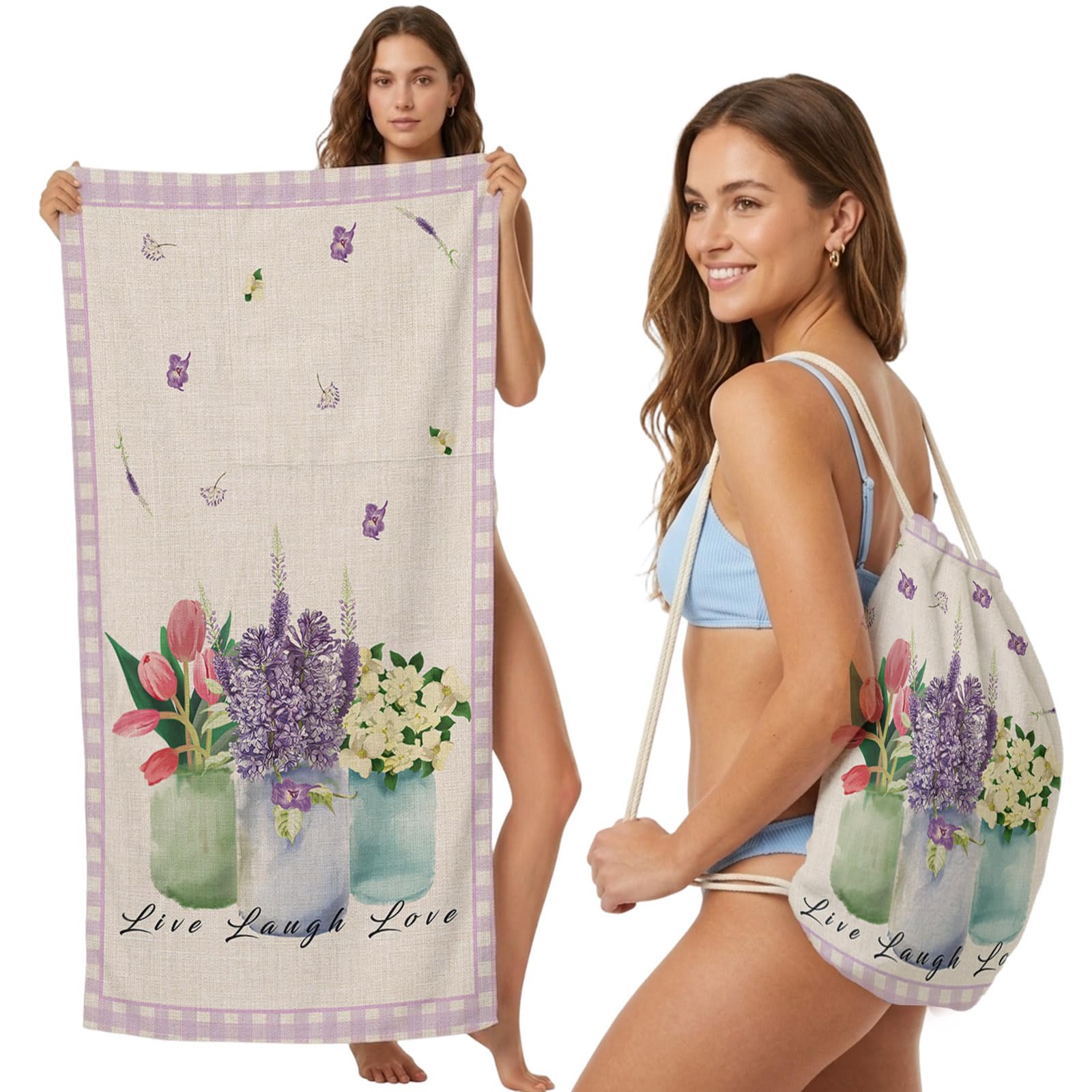 FWJZDSP Beach Towel Backpack Convertible Spring Flowers Tulip Lavender Sand Free Quick Dry Towel Bag Jasmine Floral Farmhouse Beach Towel with Adjustable Straps for Travel Swimming Pool 31.5x63in