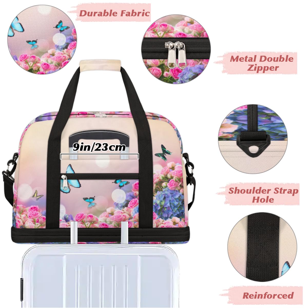 Bolsa de viaje plegable con diseño de rosas, flores, mariposas, 47 l, bolsa de fin de semana con funda para carrito de transporte, bolsa de hombro separada para deportes, gimnasio, viajes, multicolor,