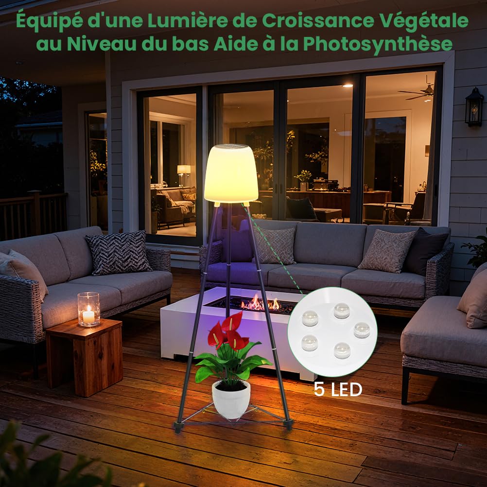 Lampadaire Solaire Exterieur RVB et Blanc Chaud, Étanche Lampe Exterieur sur Pied avec Capteur de Lumière et Trépied, Peut Contenir des Pots de Fleurs, pour Jardin, Cour, Chemin, Terrasse, Piscine