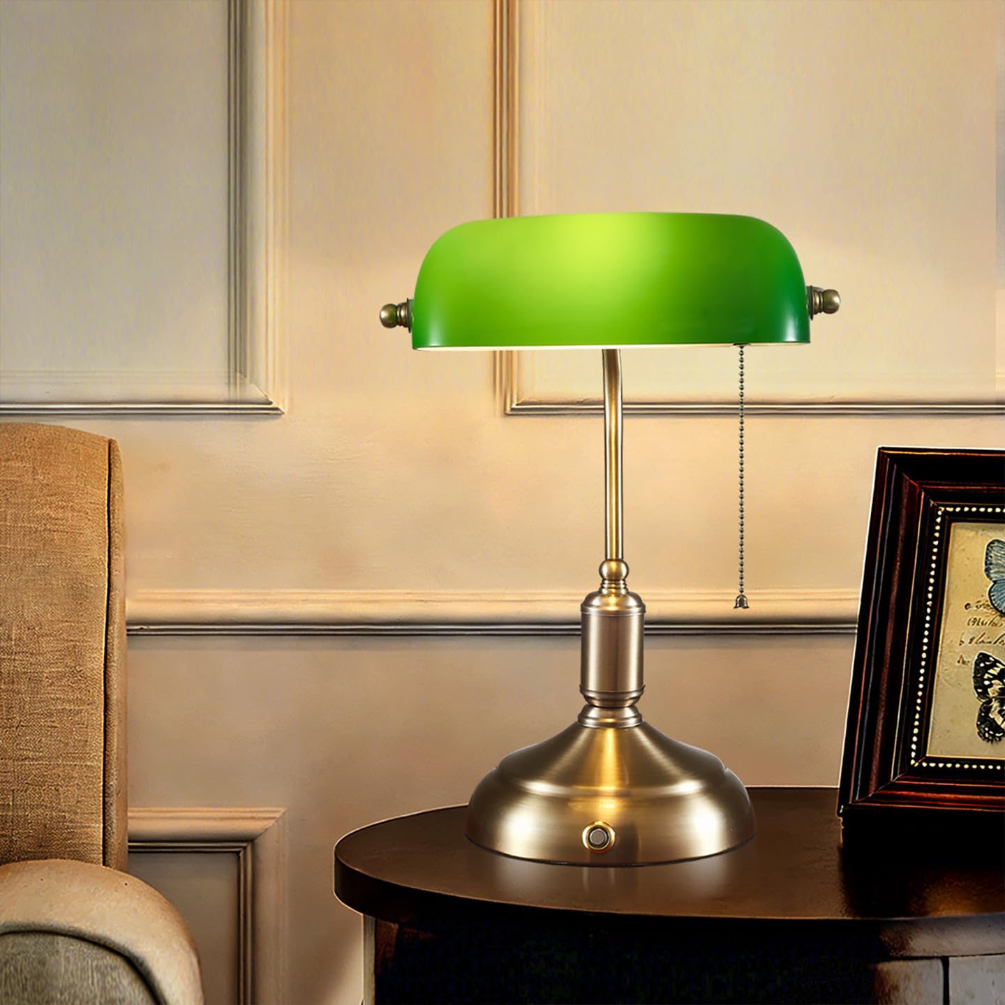 Kabellose Bankerlampe Groß 6000mAh Akku Tischlampe Aufladbar Dimmbare Vintage Nachttischlampe mit Touch-Steuerung und Kettenschalter 3 Farbtemperaturen E27 Tischleuchte Grün Gold Schreibtischlampe