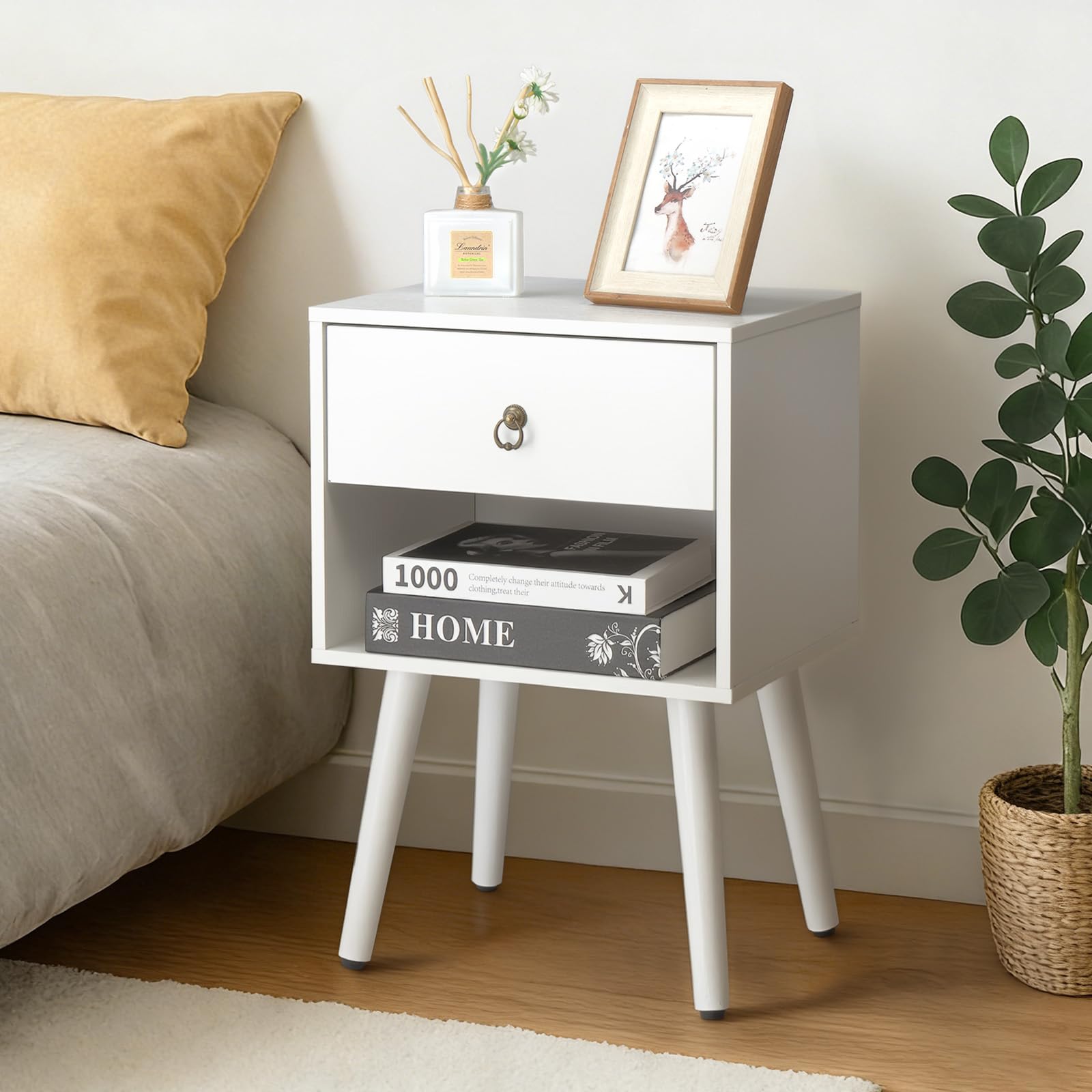 LEADZM Table de Chevet, Tables Basses avec 1 tiroir 1 étagère Ouverte Table d'appoint, Meuble de Nuit, Commode de Nuit, 38 x 30 x 55 cm (1, Blanc)