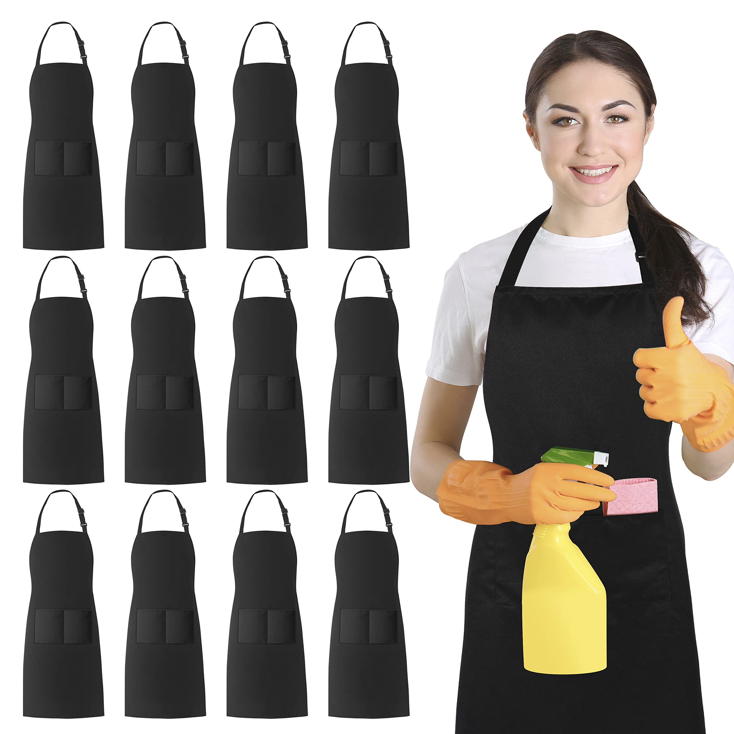 Xornis 12 Pack Bib Aprons with 2 Pockets Adjustable Kitchen Cooking Chef Apron for Women Men, Black