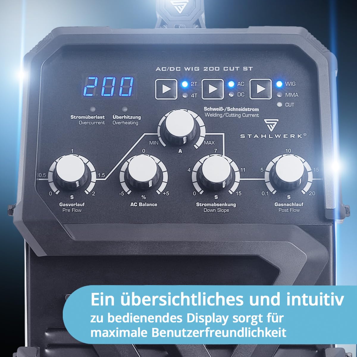 STAHLWERK Schutzgasschweißgerät 3-in-1 Kombi AC/DC WIG 200 CUT ST - WIG & MMA bis 200 A, Plasmaschneiden bis 45 A und bis 12 mm Schnittstärke, HF-Zündung, Edelstahl, Kupfer, Aluminium, Titan