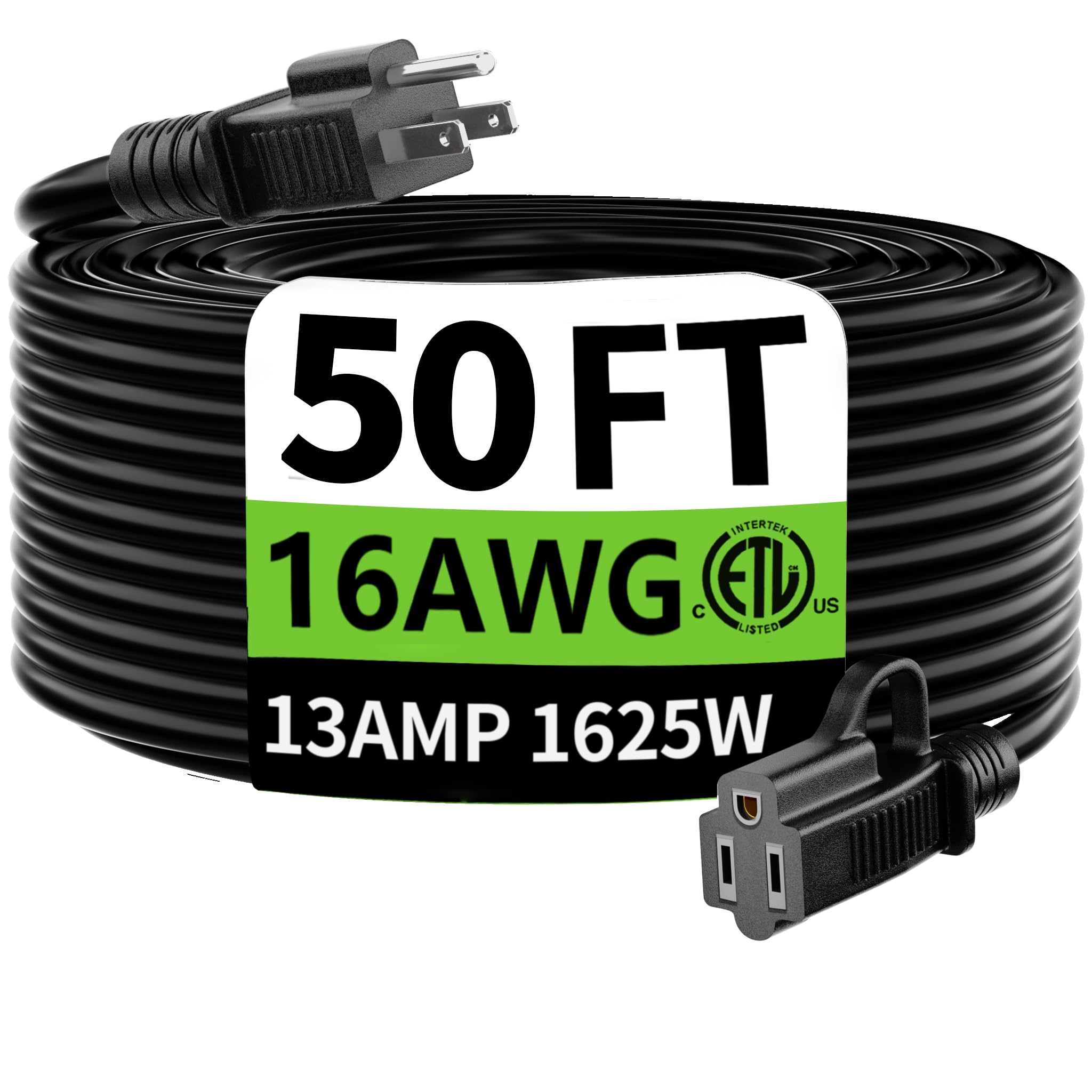 HUANCHAIN Black Outdoor Extension Cord 50 ft Waterproof, Indoor 16