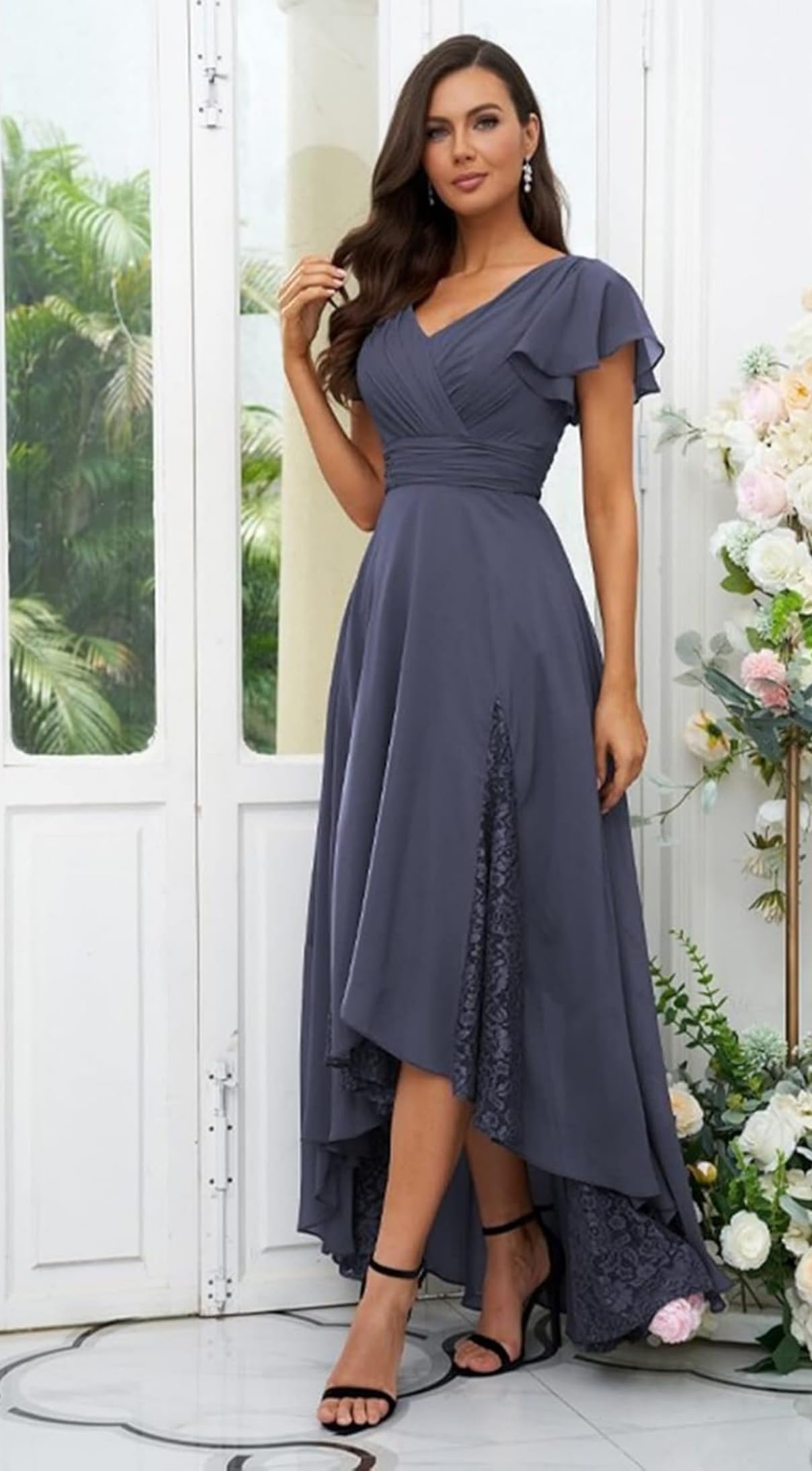 Tee Länge Brautmutterkleid V-Ausschnitt Spitze Abendkleid Chiffon A-Linie Festliche Kleider für Hochzeitsgast