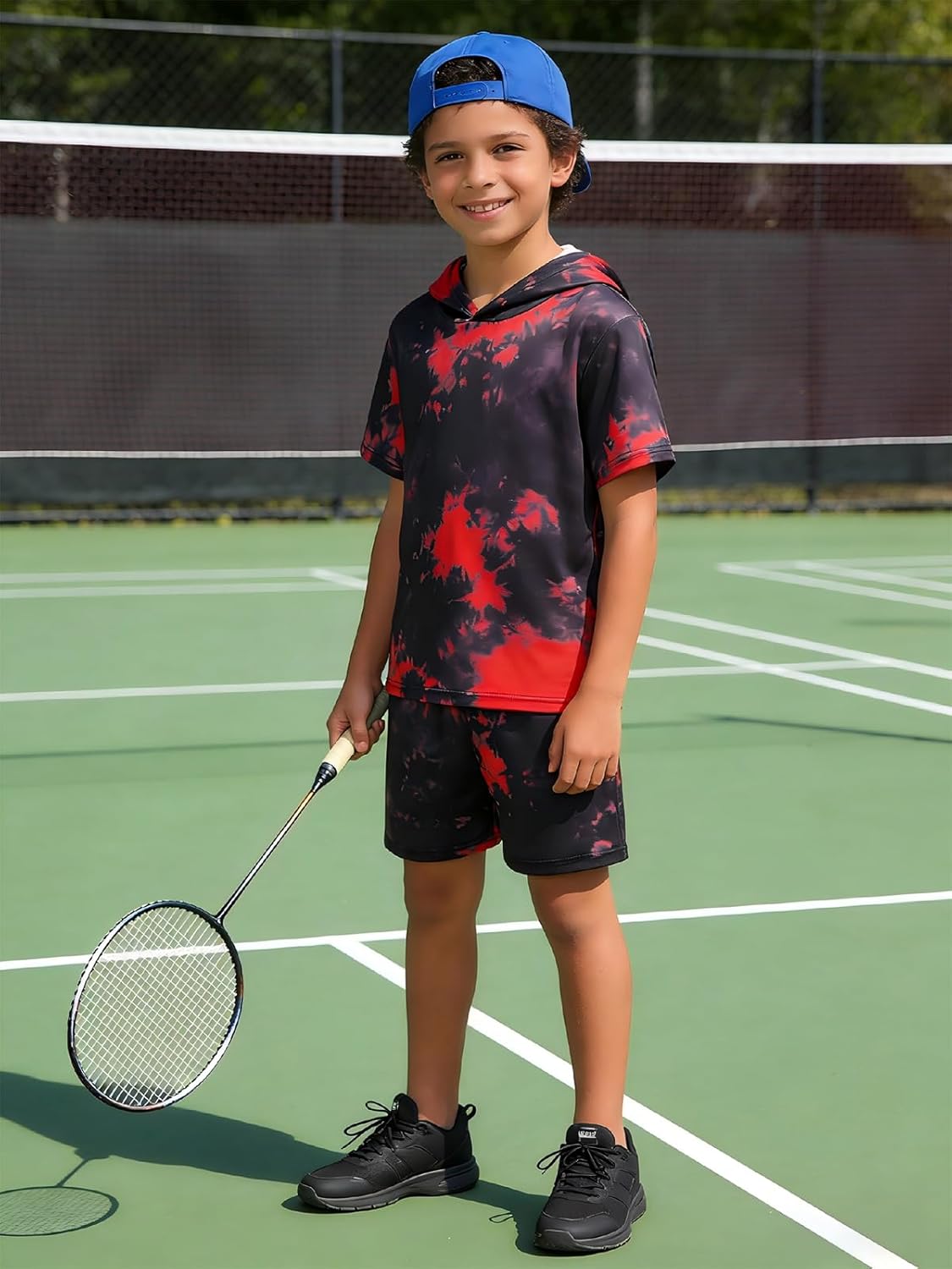 Boys 2 Piece Outfits Tie-Dye Hooded Short Sleeve T-Shirt and Shorts Set Summer Clothes for Kids 6-13 Years - Image 3