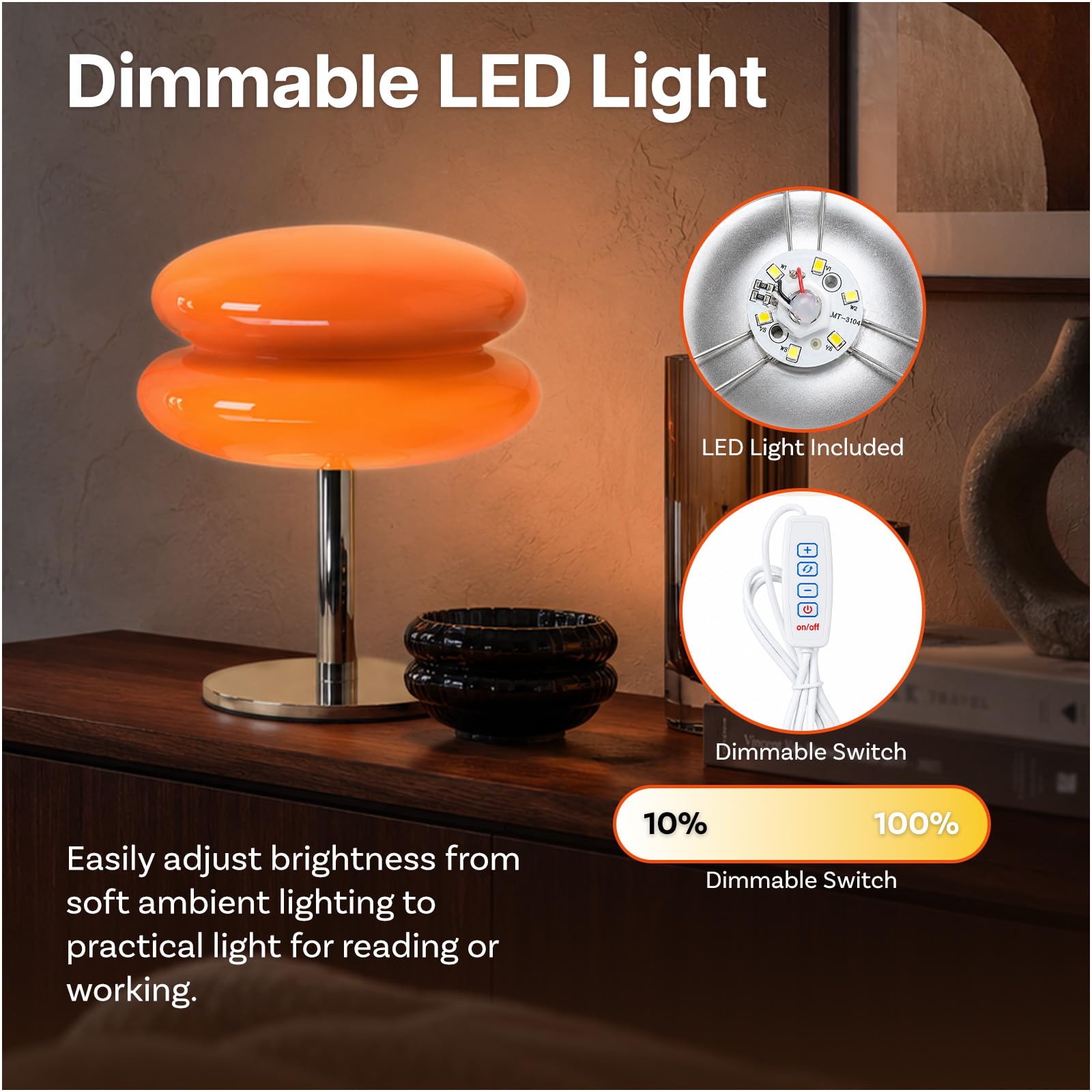 MMOBIEL Lampe Champignon Orange Lampe Mid Century Rétro avec Lumière LED Dimmable Filaire – Pour Chambre, Salon, Décoration Maison & Intérieur – En Verre, Lumière Chaude & Atmosphérique