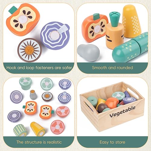 Miniatura 4 de Juego de 10 alimentos de madera vegetal para cocina de niños, juguetes de madera para cortar alimentos, accesorios de cocina con caja de