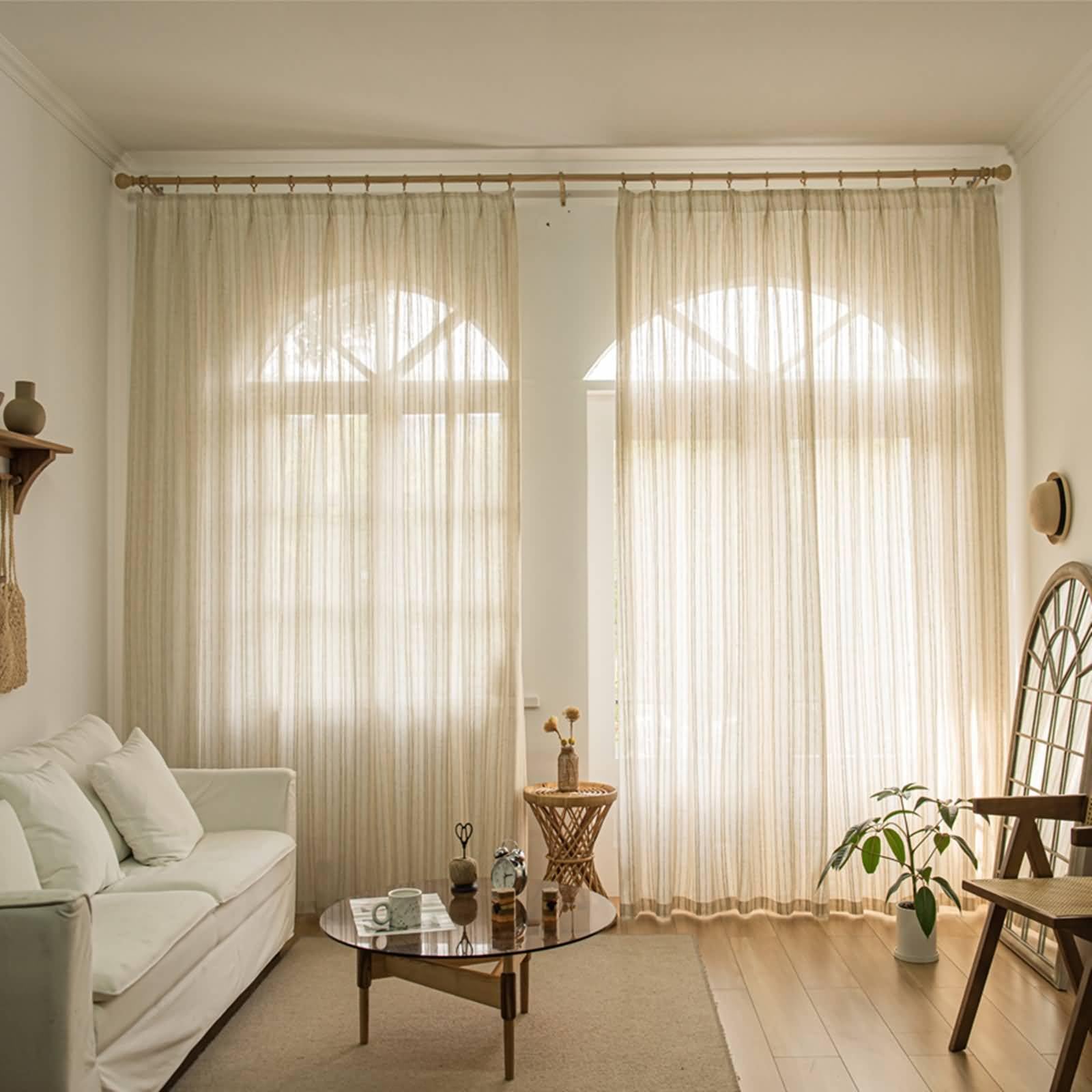 Cortinas Translucidas Habitacion Matrimonio Dos Piezas,2 x 137W x 229H CM,Cortinas Visillo Salon Beige Rayas Cortinas Ganchos
