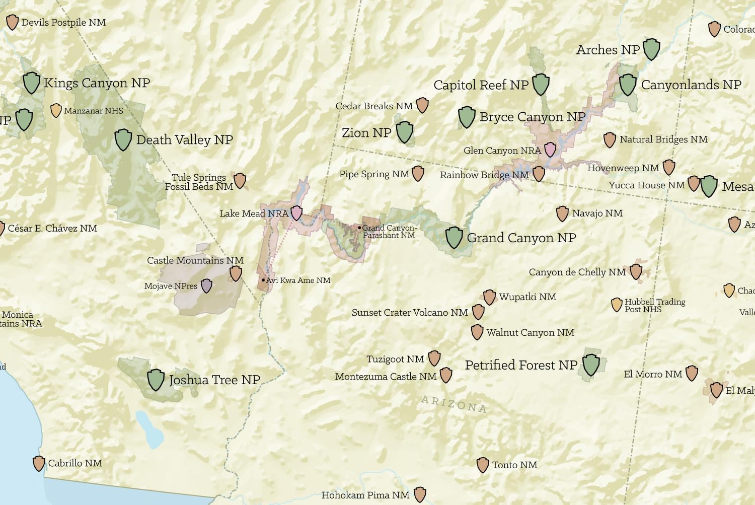 US National Park System Units Map 24x36 Poster (Beige & Light Blue)