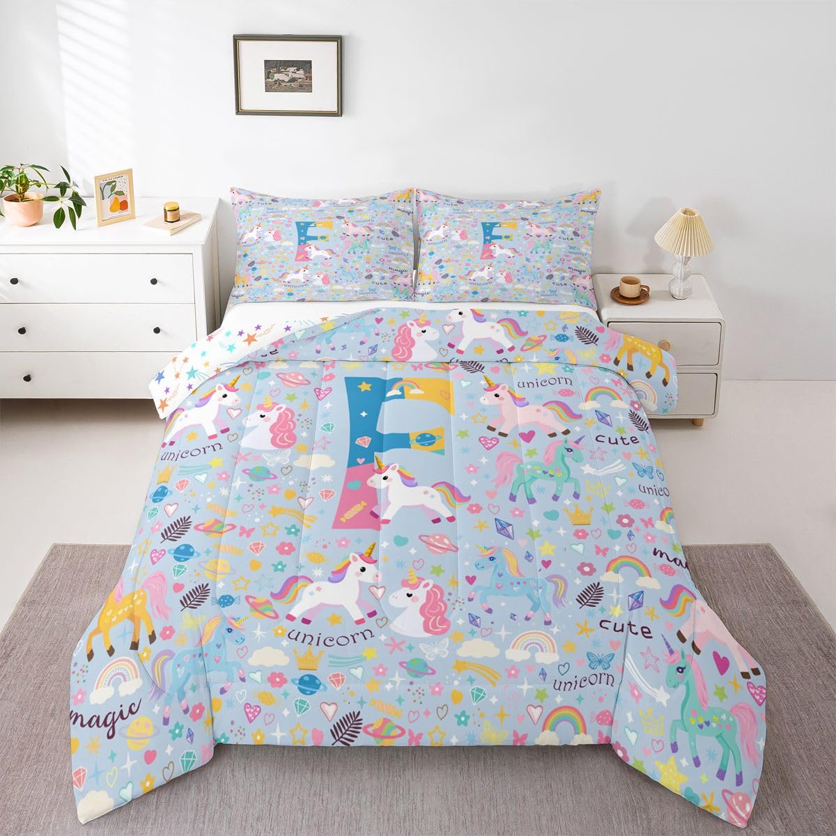 Edredón de unicornio azul reversible de cama individual con inicial F