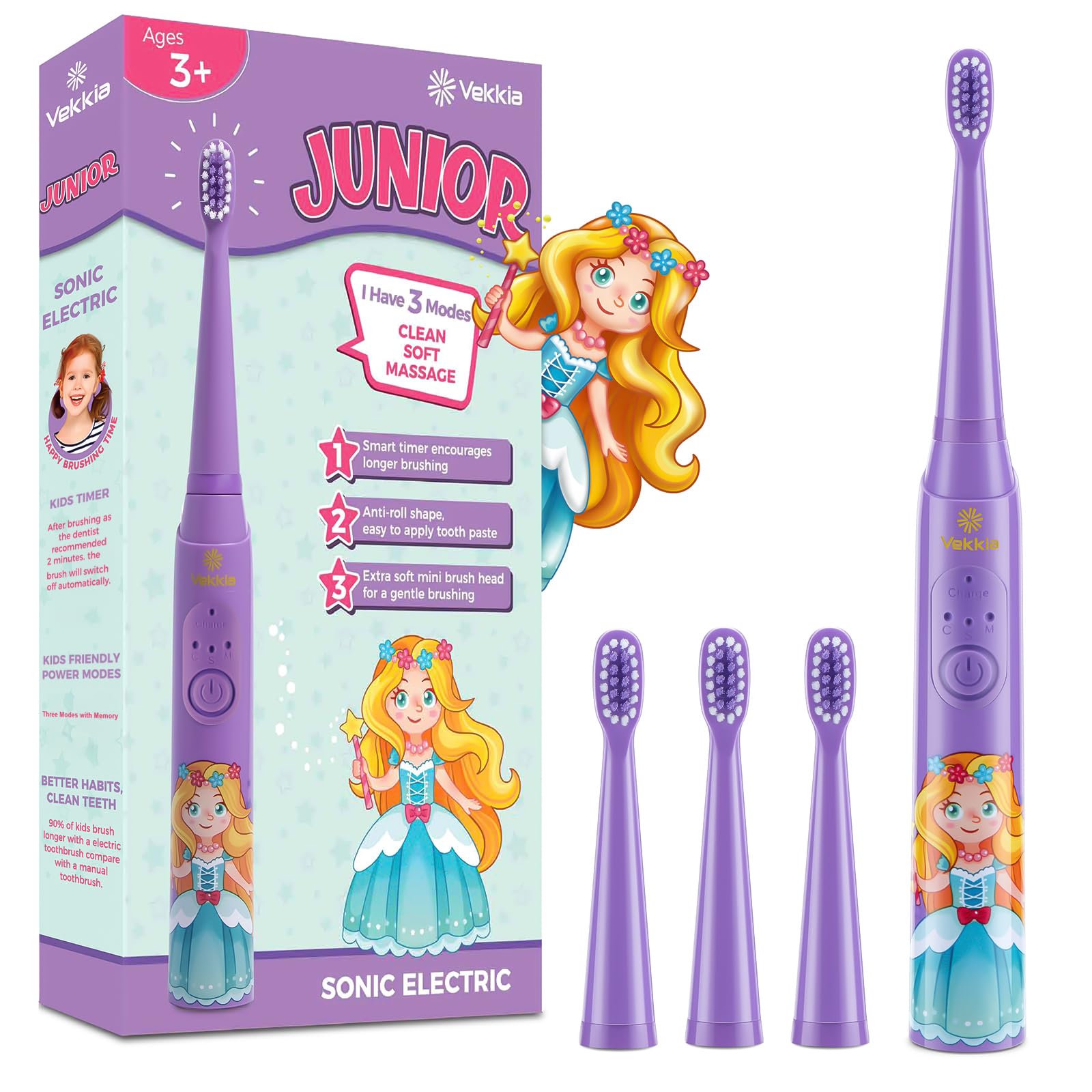 Vekkia Princess Kids Electric Toothbrush, 2 Minutes Timer for Age 3+, 4 Brush Heads, (Rechargeable)-picture-30