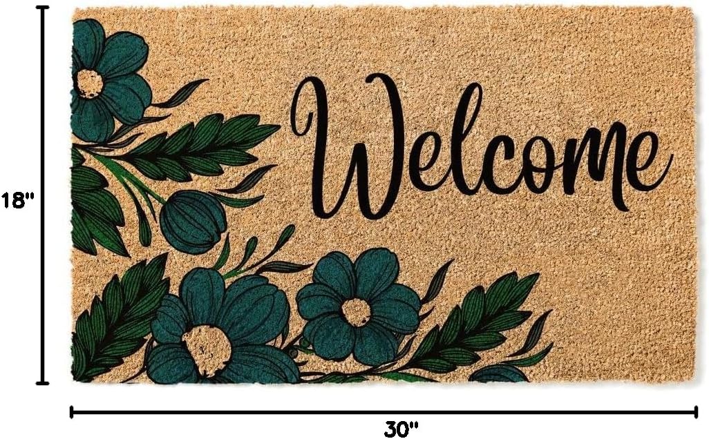 Blue Floral Welcome Door Mat | Flower Theme Doormat | Premium Quality, Thick 100% Coir Coconut Husk Front & Made in The USA - Doormat stk1654