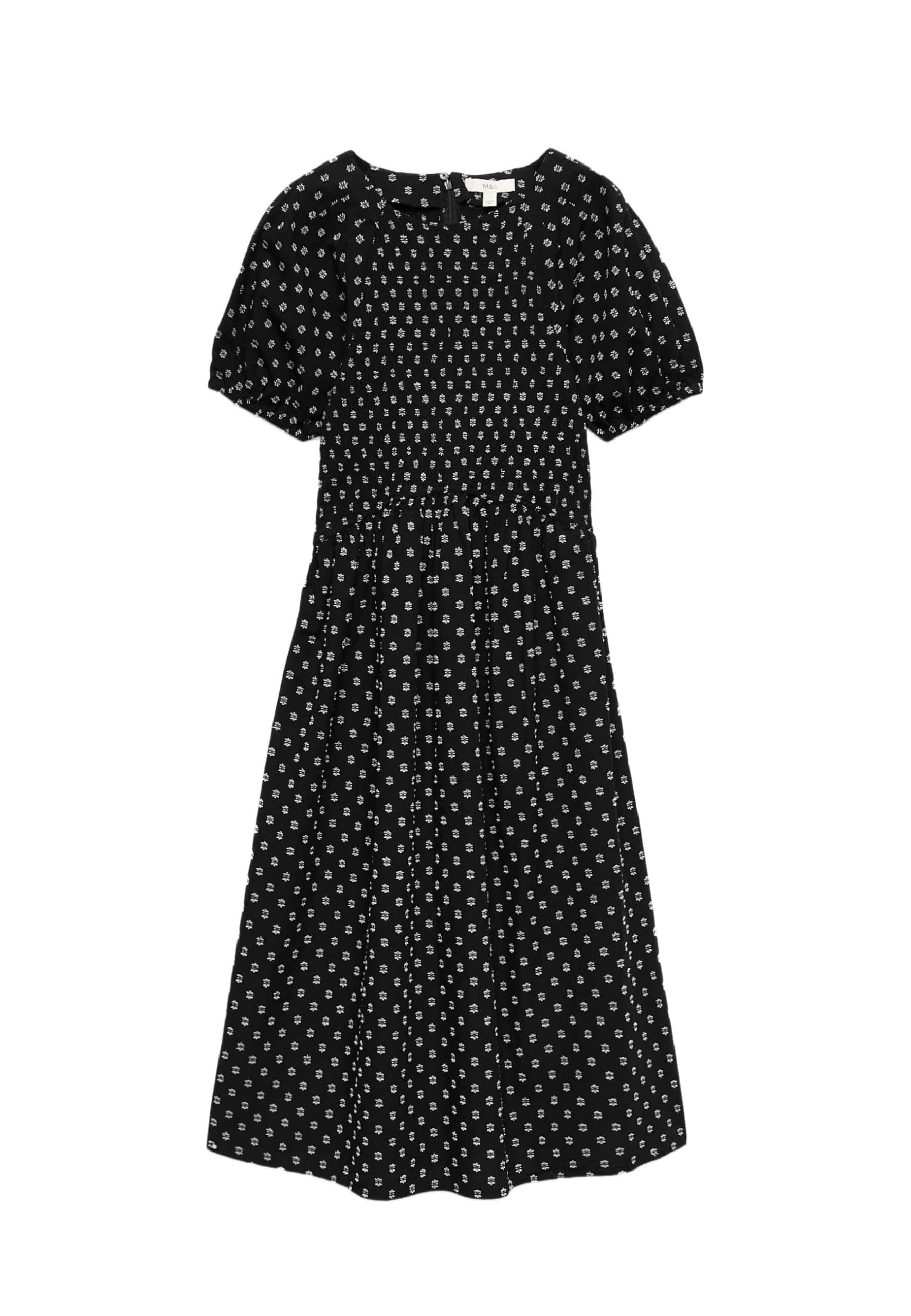 Marks & Spencer Robe en Coton à Taille ajustée, Manches Bouffantes et imprimé