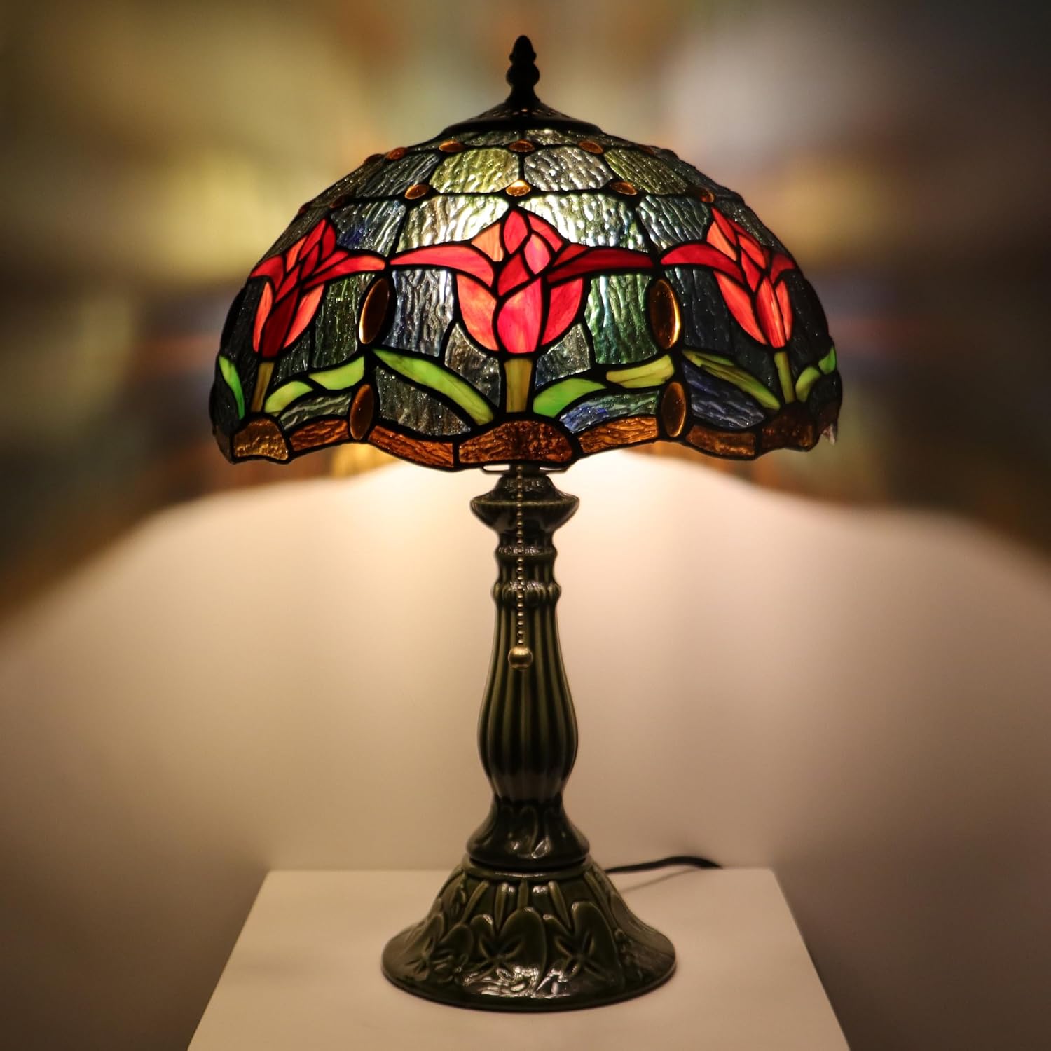 Tiffany Lamp Stained Glass Table Lamps Red Tulip Style Desk Lamp 12X12X18.5 Inch Bronze Ceramic Base Reading Light Suitable for Bedside Bedroom Living Room Dining Room Office