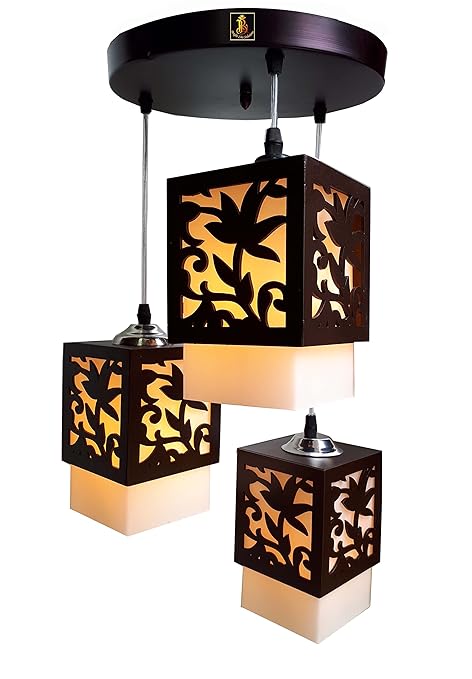 BrightLyts 3 Lights Wood Lotus Chandelier Hanging Ceiling Light for Living Room, Home- with E27 Bulbs- Black