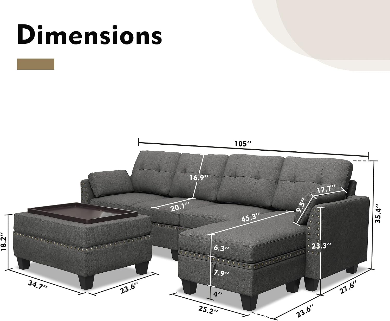 HONBAY Reversible Sectional Sofa Couch Set L Shaped Couch Sofa Sets for Living Room 4 Seat Sofa Sectional with Storage Ottoman for Small Apartment,Dark Grey (Sectional+Tray Ottoman)