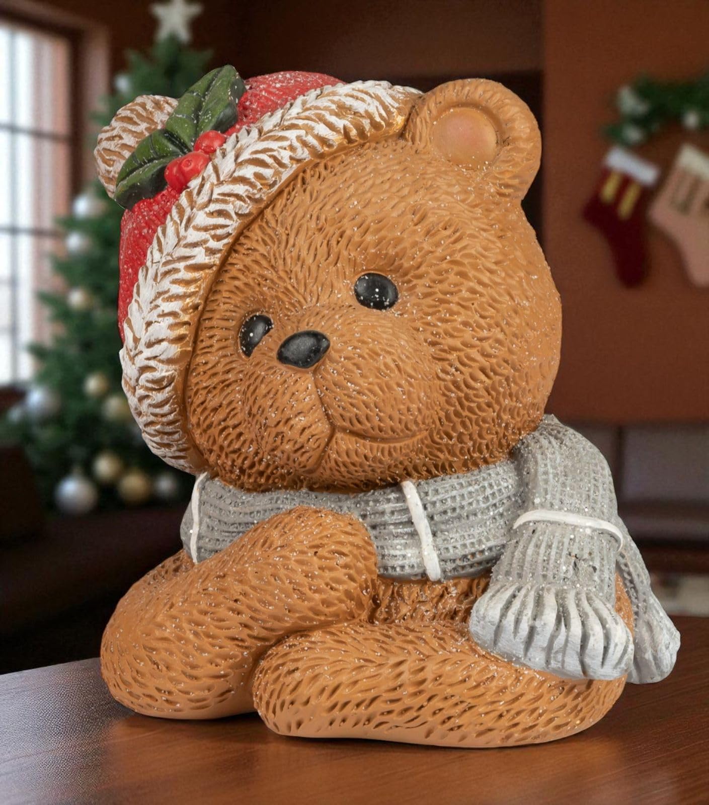 formano Dekoracja bożonarodzeniowa, zestaw 2 sztuk, figurka dekoracyjna z motywem misia, 26 cm, sztuczny kamień, ręcznie malowany z dekoracją śnieżną, strukturalna powierzchnia, idealna na świąteczny