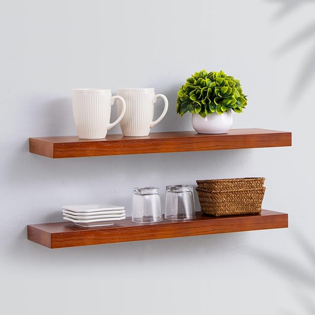 Fun Memories Floating Shelves, 24 Inch Wall Shelf Set of 2, Rustic Solid Wood Shelves for Bathroom, Living Room, Bedroom, Heavy Duty Shelves, 24 x 6.7 x 1.4 inch, Honey Oak Color