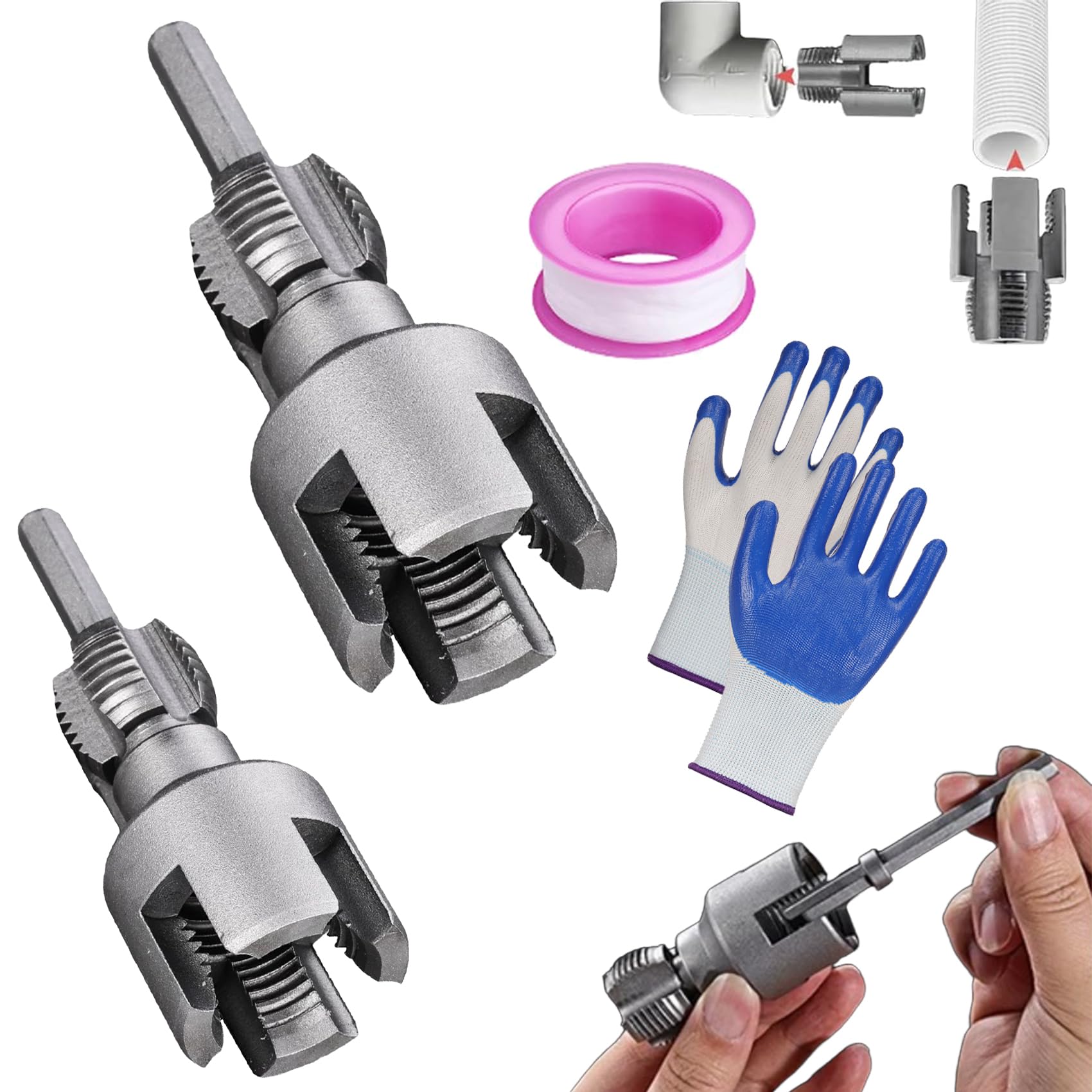 Integrated Internal & External Pipe Threading Tool, 1/2'' And 3/4'' Water Pipe Internal And External Integrated Threader,Pvc Pipe Threader Kit, Fast,