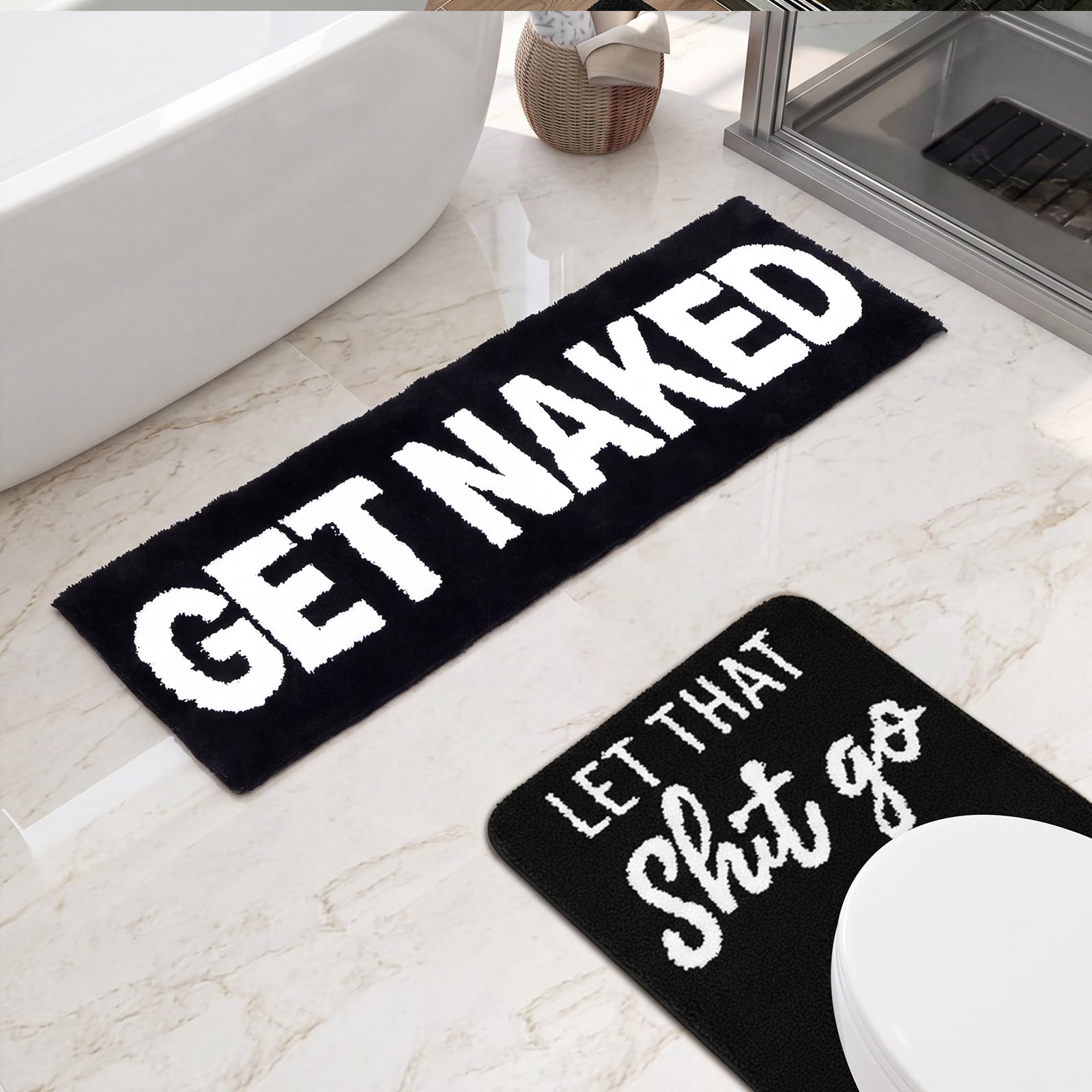 Drydiet 2 Pack Toilet Rugs Set U-Shaped Contour Mat Rectangular Mat, Non Slip Soft Absorbent Bathroom Rugs, Machine Wash, TPR, Fits Toilet Base (48" X 18" Plus 24" X 20",Naked Let,Black White)