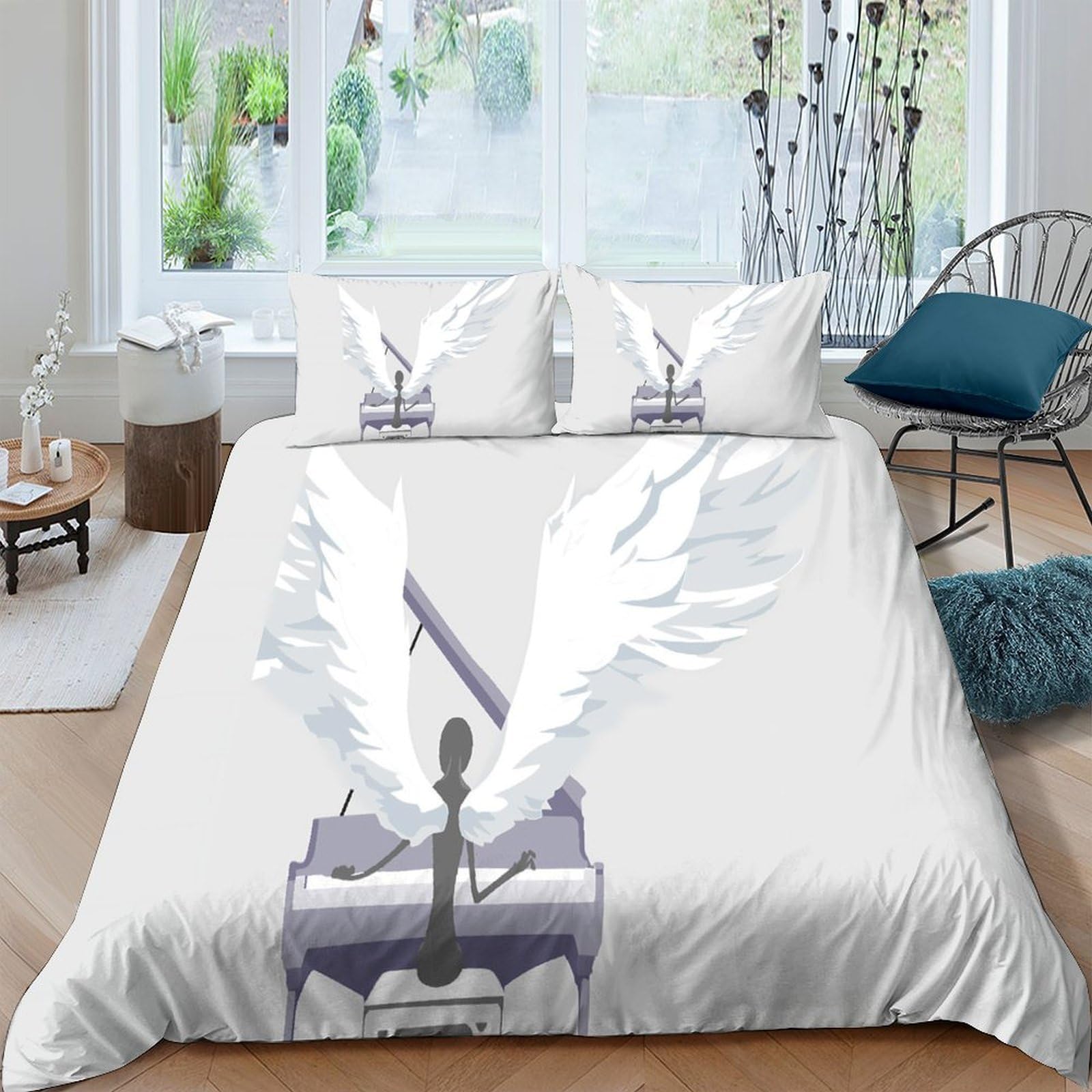 GPLZQXKJNH 3D Printed Angel Wings Duvet Cover Microfiber Soft Breathable Piano Bedding Set with 2 Pillowcases for Bedroom Decor Single（135x200cm）