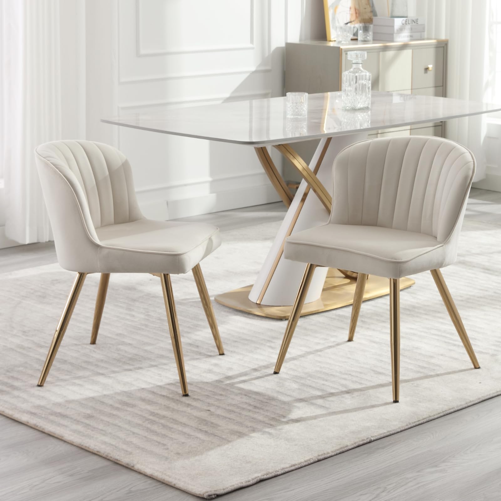 chairus Sillas de Comedor Tapizadas de Terciopelo Juego 2 de Sillas de Cocina Elegantes con Patas Doradas, Sillas Restaurante Modernas para Hogar/Cafetería, Beige