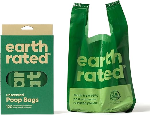 Earth Rated Dog Poop Bags with Handles, Extra Wide, Easy Tie and Guaranteed Leakproof, Unscented, 120 Handle Bags