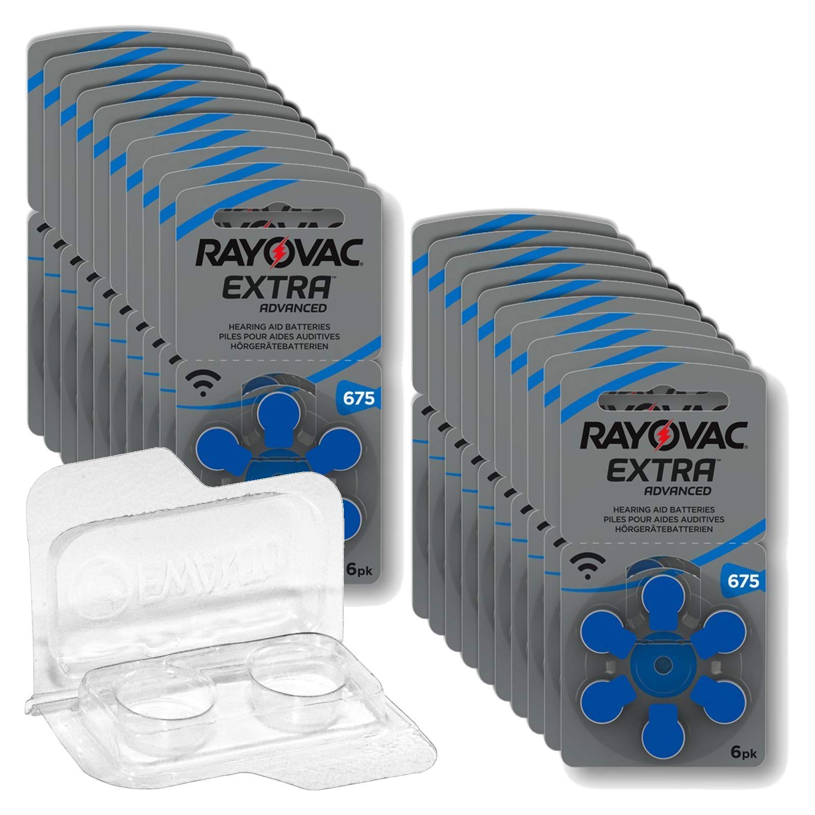 Rayovac Extra Advanced 675 - Lote de 120 pilas para audífonos (20 x 6 unidades, PR44, azul, caja de almacenamiento para 2 pilas de audífonos (10, 13, 312, 675), para 2 pilas de botón de hasta 12 mm x