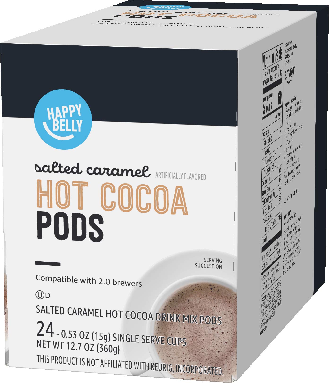 Amazon Brand - Happy Belly Hot Cocoa Pods Compatible with 2.0 K-Cup Brewers, Salted Caramel Flavored, 24 Count (Pack of 2)