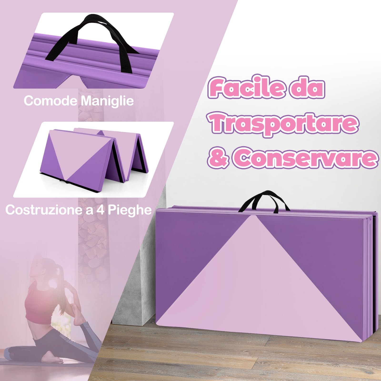GYMAX Tappetino da Ginnastica Pieghevole, 240 x 117 x 5 cm Materassino da Allenamento Portatile Spesso 5 cm, con Imbottitura Impermeabile e Manici, per Indoor Outdoor Palestre Casa