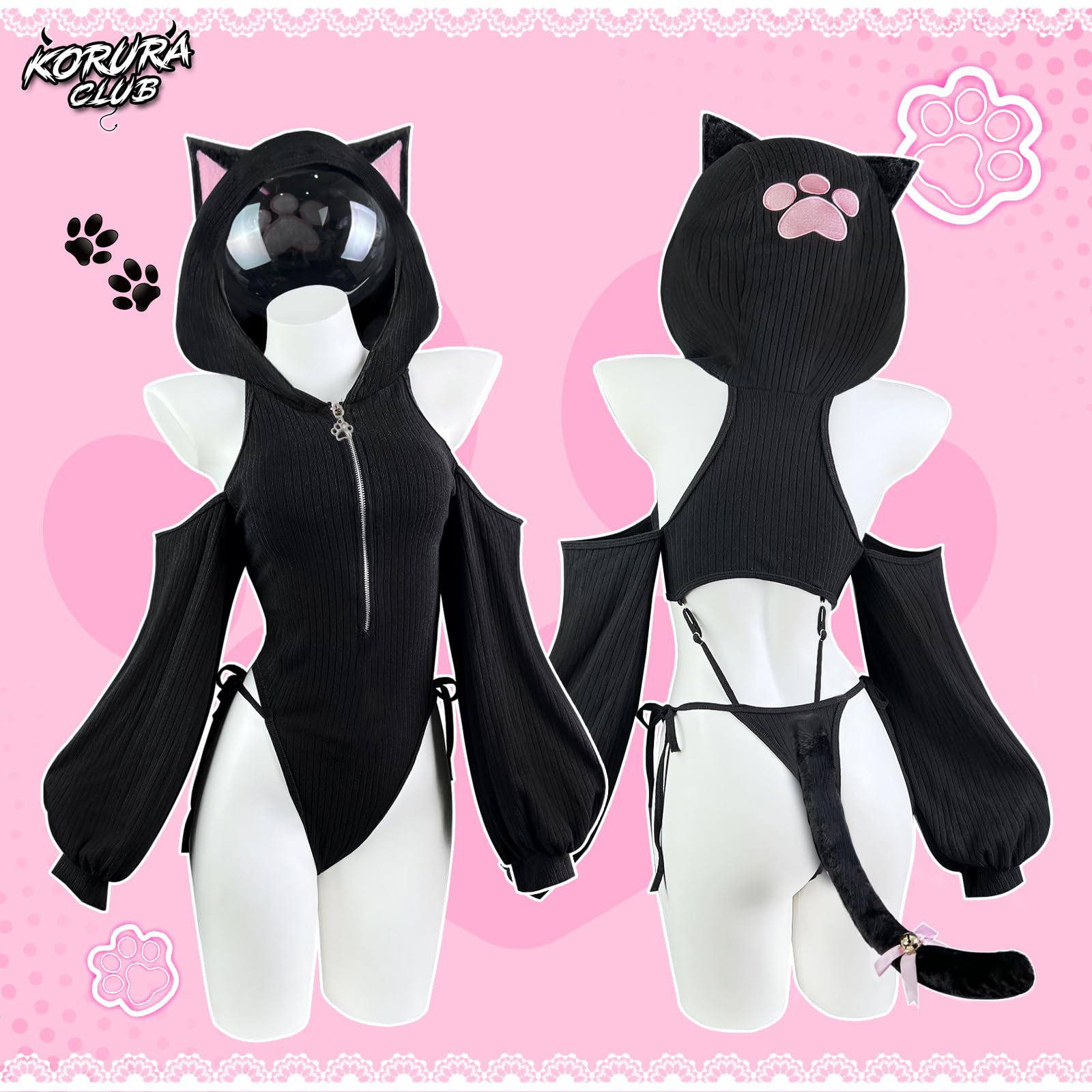 KORURACLUB Sexy Cat Maid Outfit Womens Lingerie Set Kitten Cat Claw Cosplay Sexy Sweater lingerie animal Cosplay lingerie: Black Large-X-Large