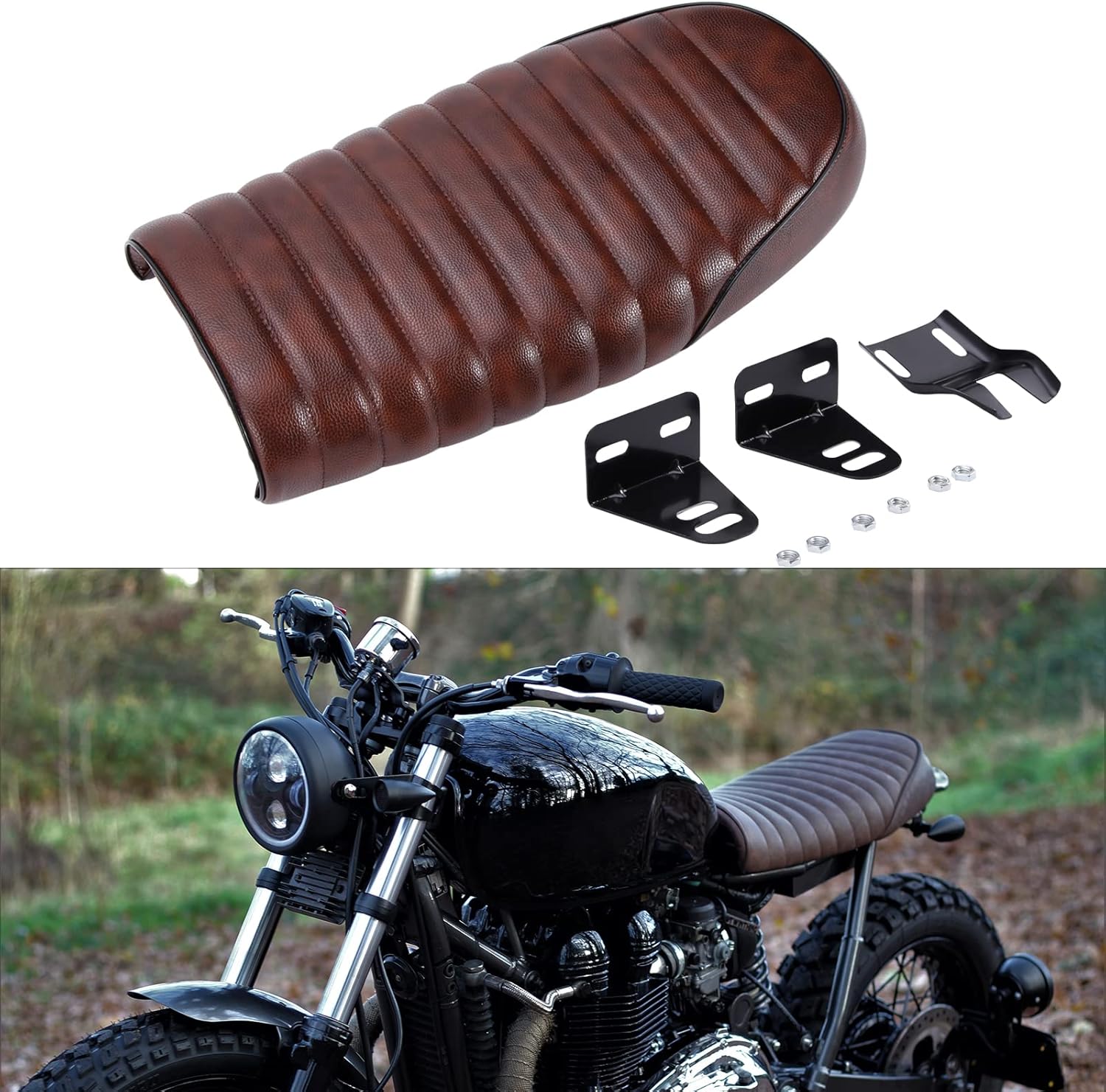 DREAMIZER Motorcycle Vintage Cafe Racer Seat PU Leather Compatible with Suzuki KZ400 KZ650 KZ750 TU250X GS450 GS750 GS1100 R75 R90 XJ550 XJ650 RoadRunner - Flat,Bronze
