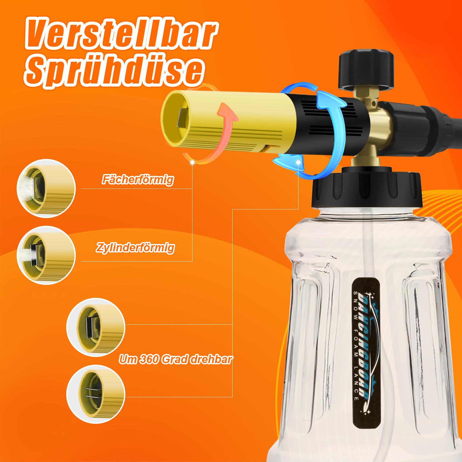 Verbesserte Schaumlanze Schaumkanone für Kärcher K-Serie K2 K3 K4 K5 K6 K7 Hochdruckreiniger, 1L Schneeschaumlanze mit Verstellbarer Schaumdüse für Autowäsche (Schwarz & Gelb)