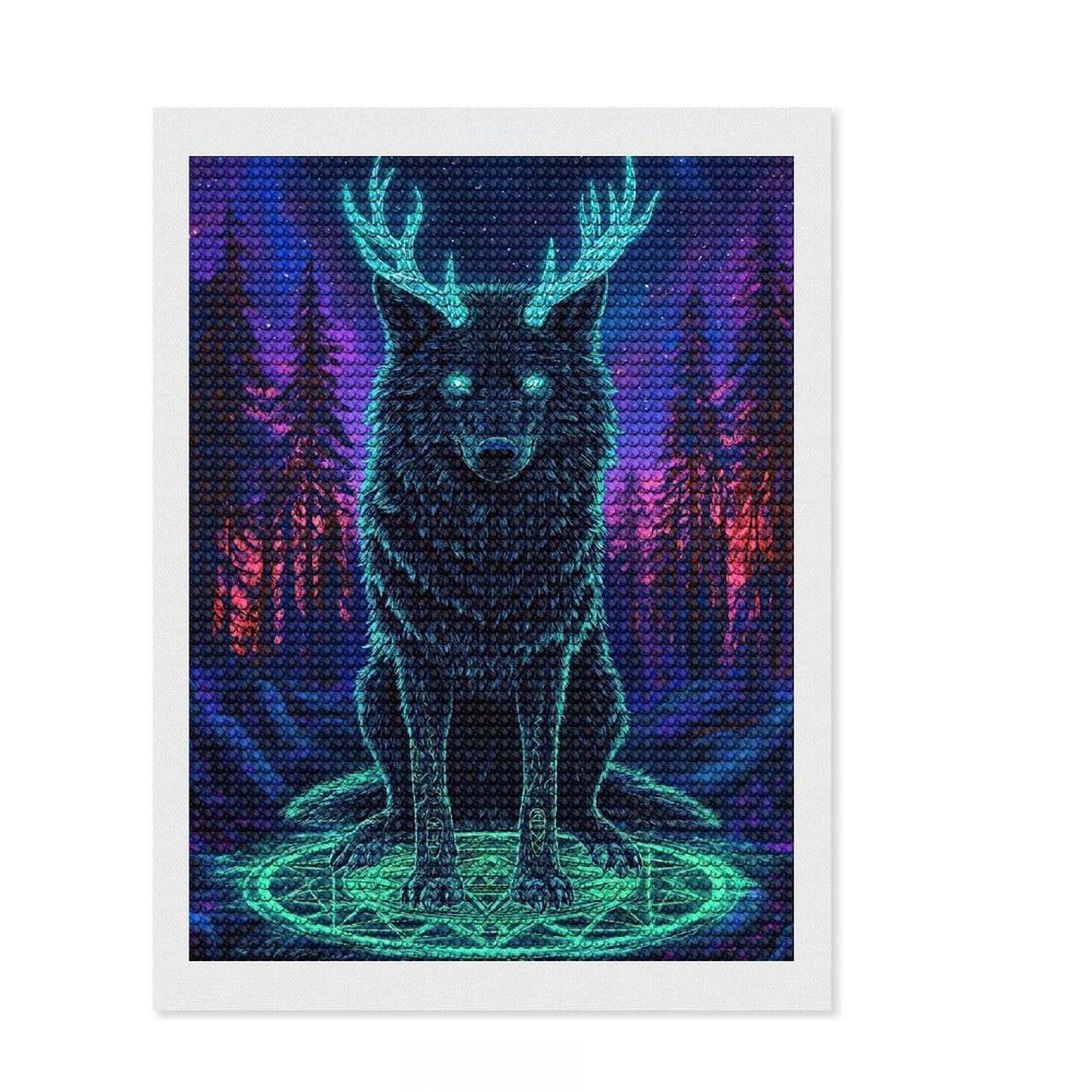 Junmoney Mystical Wolf Antlers Forest 5D Diamond Painting Kit 12"x16", for Women, Farmhouse Decor, Boho Decor, Thoughtful Present, Relaxing DIY