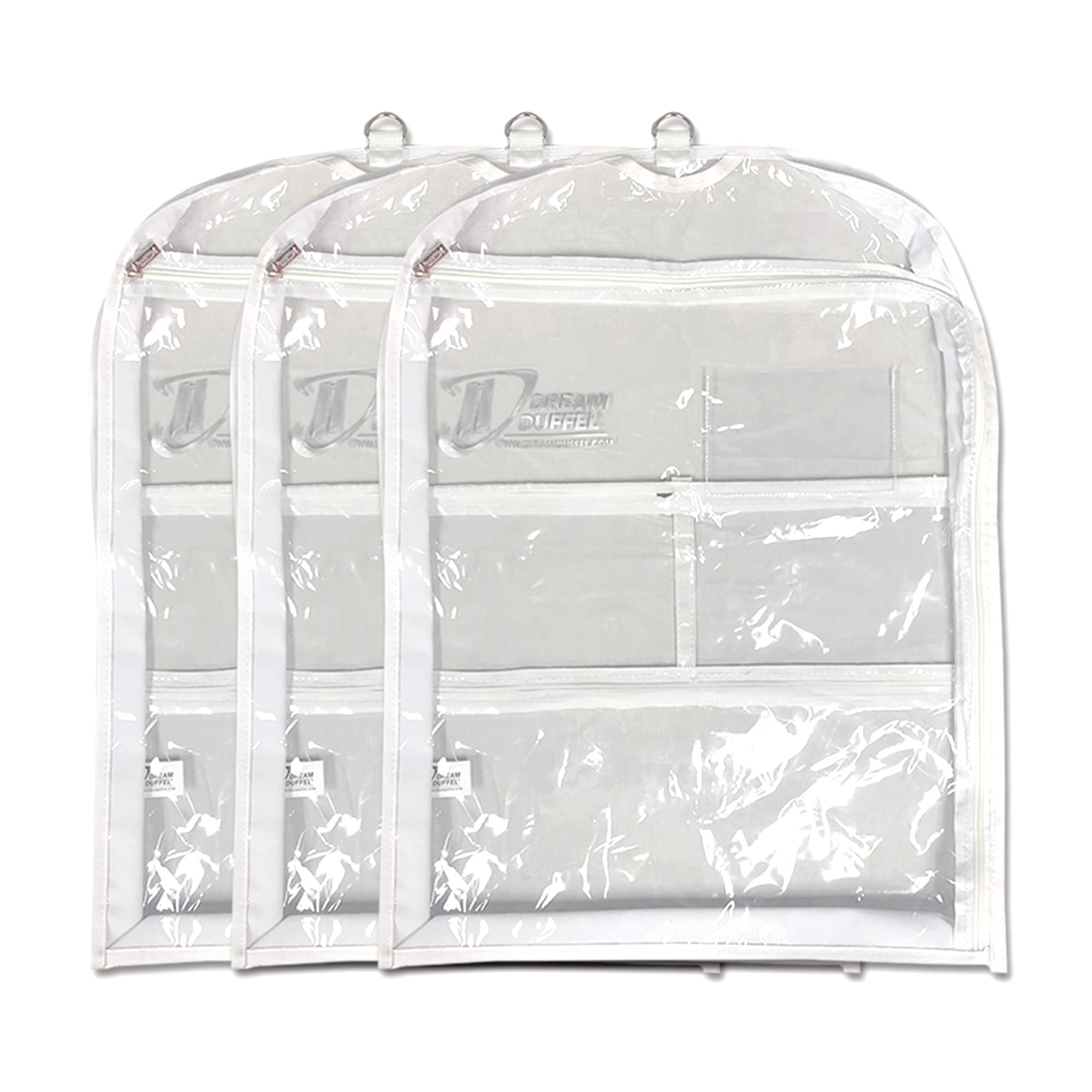 Clear Garment Bags for Dance Costumes 3-Pack, Gusseted, Short-Size, Side Zipper Entry, Storage Pockets for Accessories, 24”x18”x2”, Dream Duffel