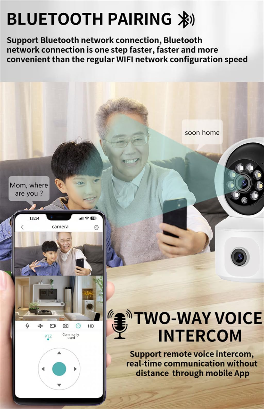 Kamera bezpieczeństwa PTZ z podwójnym obiektywem WiFi 2,0 MP, wykrywanie ruchu, alarm dźwiękowy i świetlny, dwukierunkowa rozmowa, noktowizor kolorowy, śledzenie humanoidalne