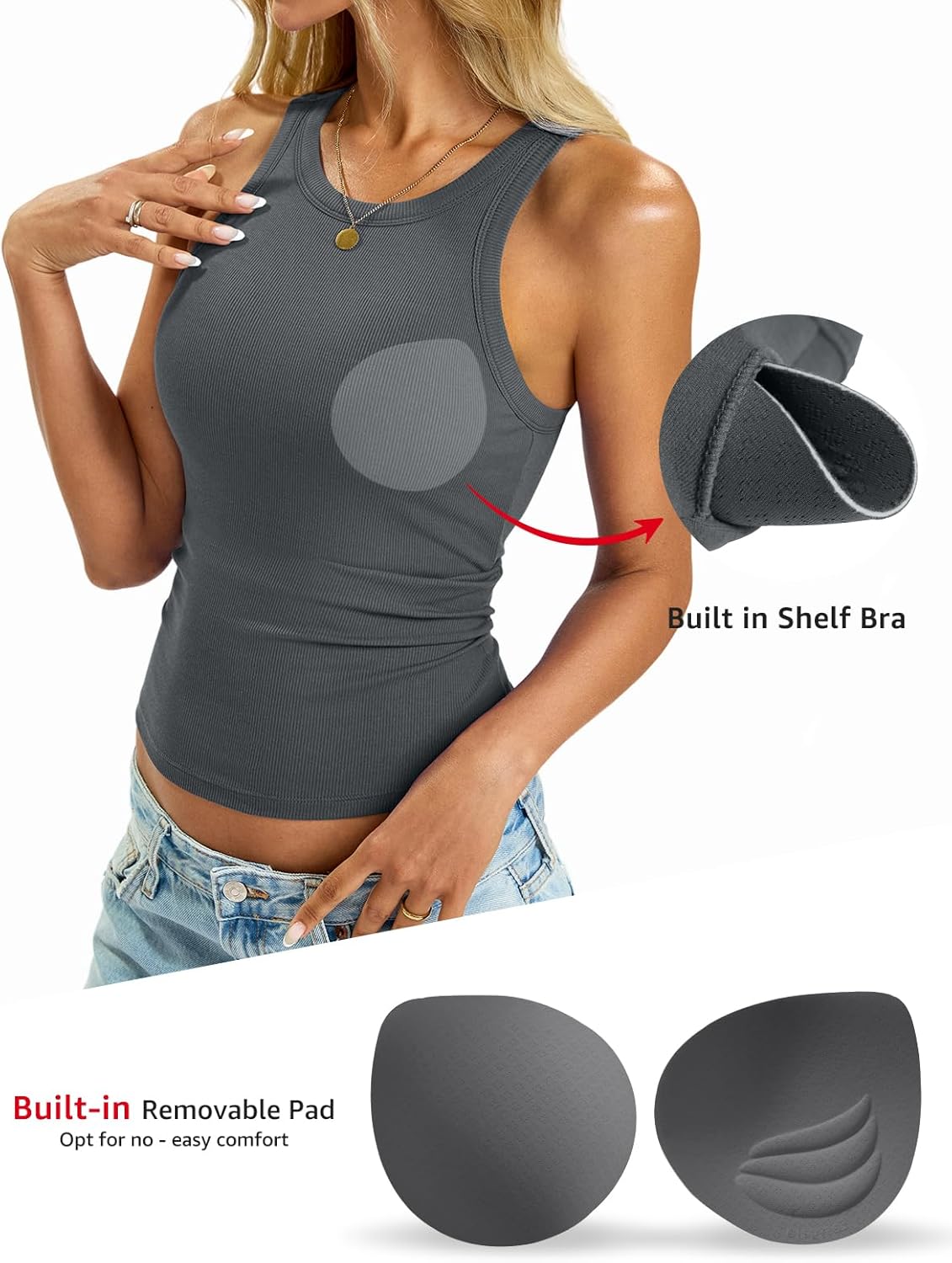 Womens Built in Shelf Bra Tank Tops Padded Ribbed High Neck Shirts Slim Fitted Basic Summer Sleeveless Tee - Image 3