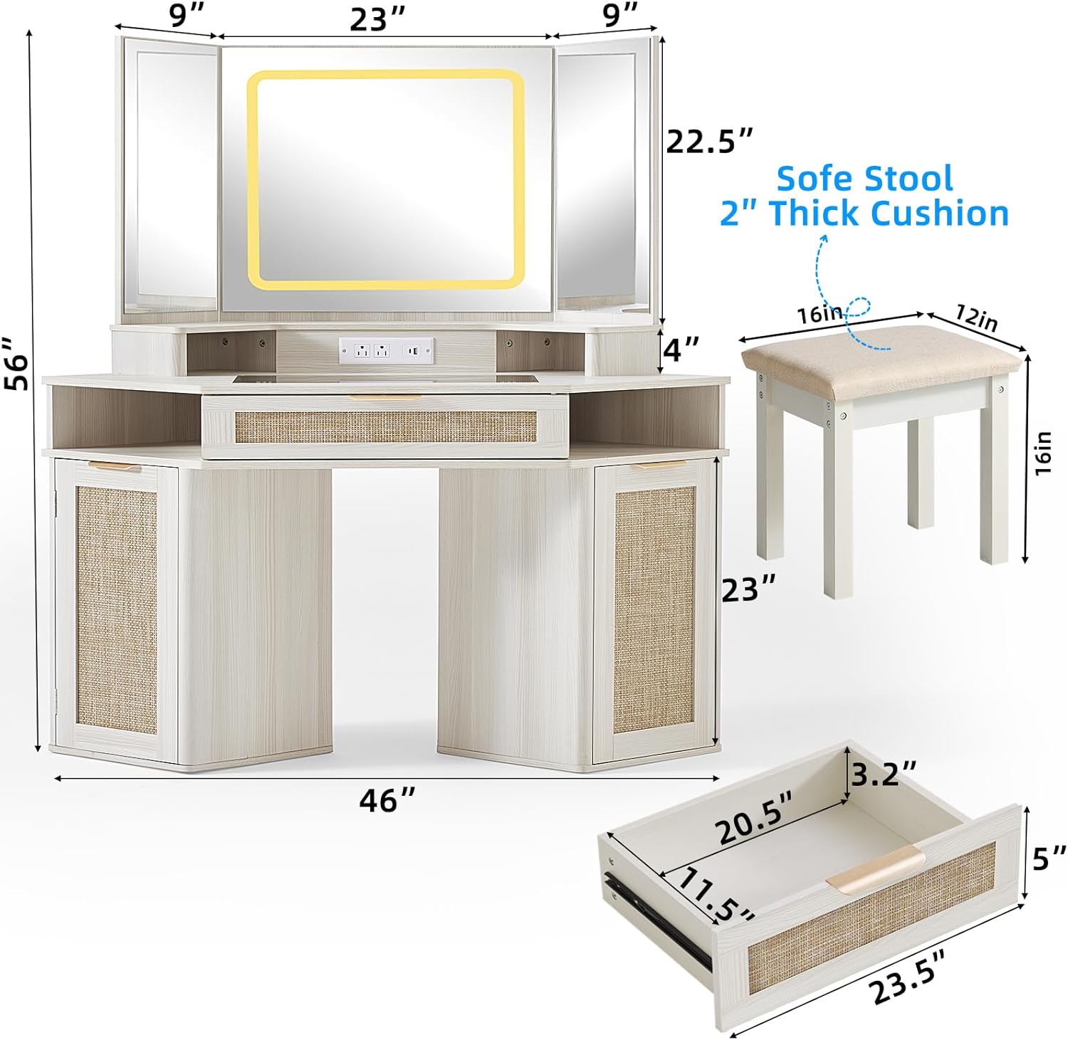 Lerliuo Corner Vanity Desk dimensions and components