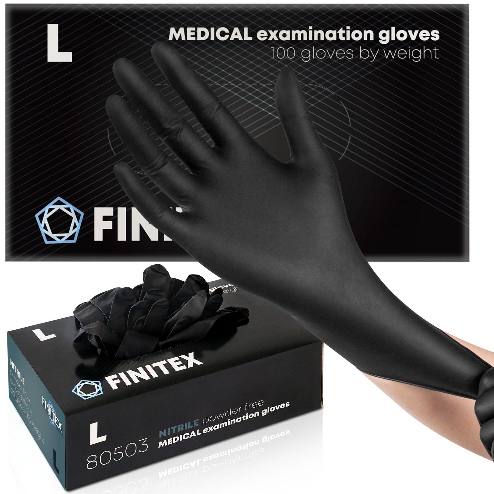 FINITEX Black Nitrile Disposable Gloves, 5.0mil, L, 100pcs Powder-Free & Latex-Free Food Grade Medical Exam Cleaning Tattoo Nitrile Gloves