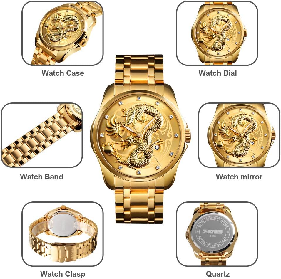 Men Luxury Gold Chinese Dragon Carved Dial Diamond Quartz Watch Casual Waterproof Sport Stainless Steel Wristwatch