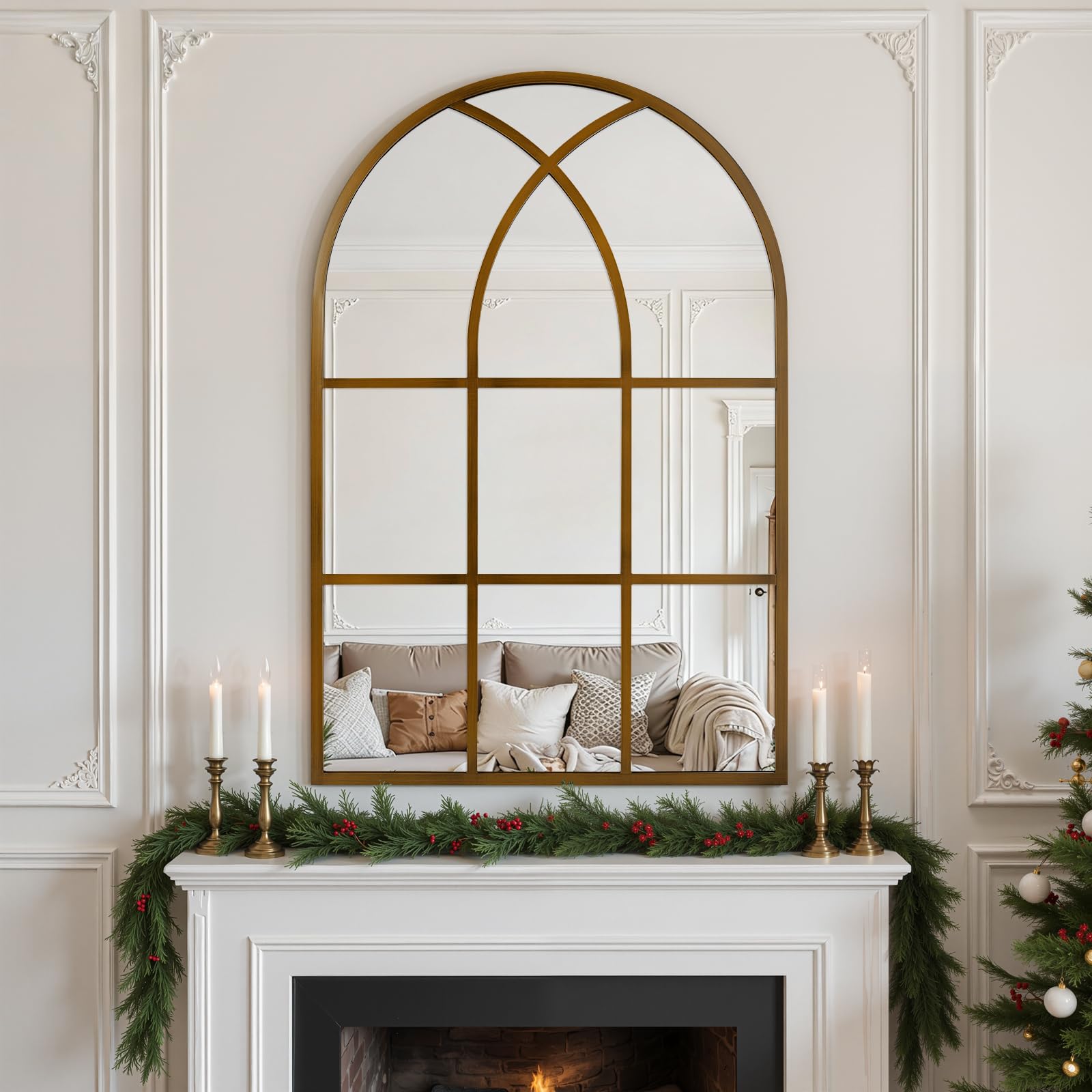 Arched Window pane Wall Mirror 24"x36", Window Shaped Farmhouse Style with Aluminum Frame, Decorative Wall Mirror Leaning Hanging for Living Room, Courtyard, Bedroom, Entryway, Bronze