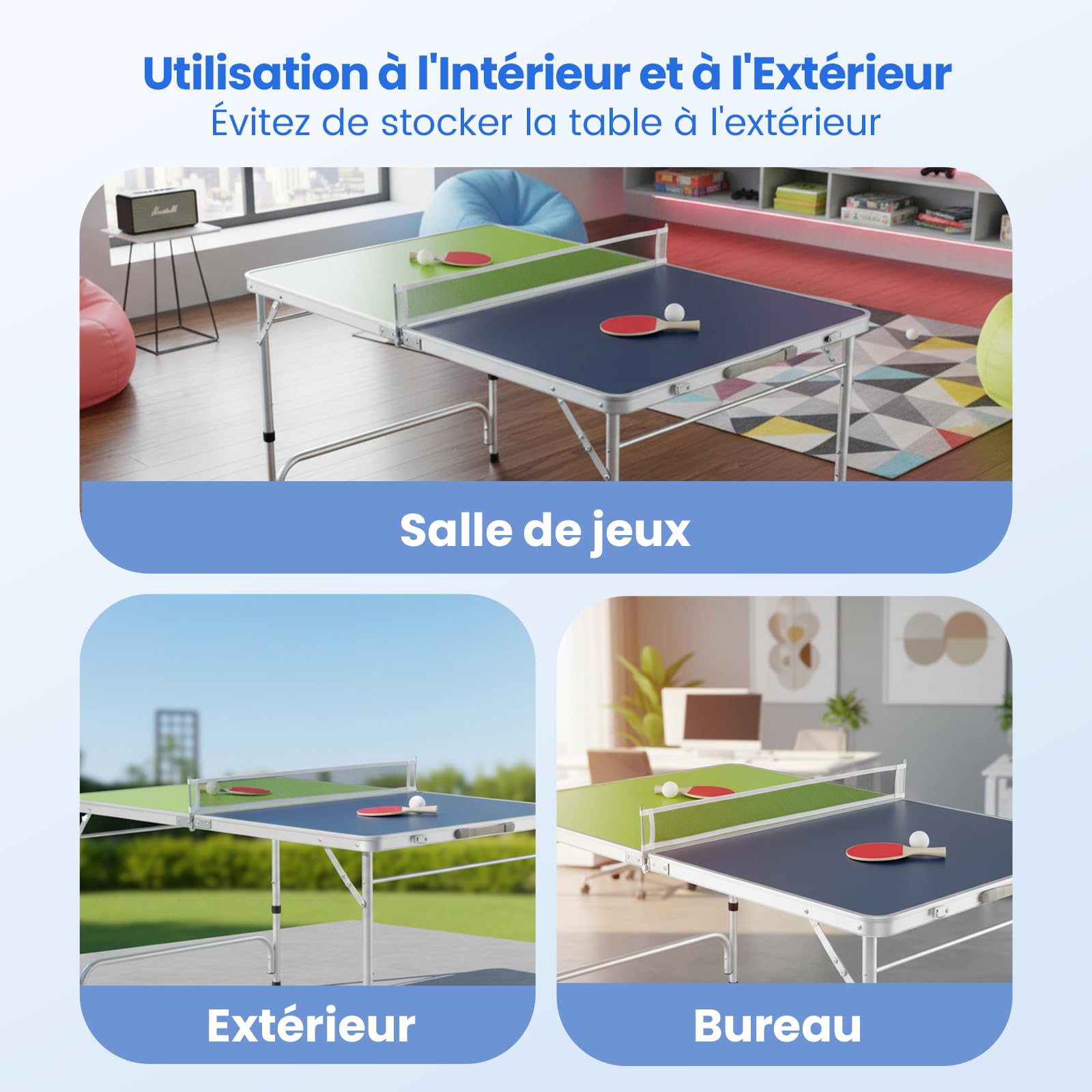 COSTWAY Table de Ping-Pong Pliable 120 x 76 cm, Set Mini Tennis Table Peu Encombrante avec Filet 2 Raquettes 2 Balles Hauteur Réglable 3 Niveaux, Cadre en Aluminium, pour Extérieur Intérieur