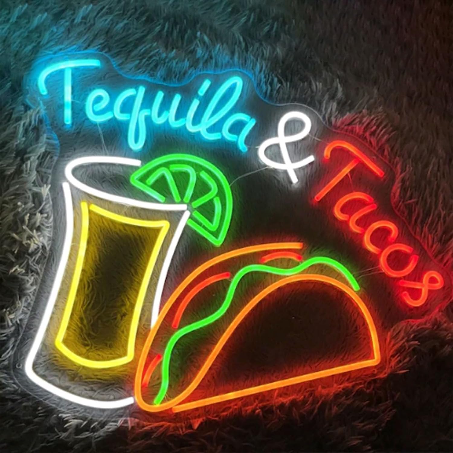 Tequila & Tacos LED Neon Sign, Custom Large Taco Party Mexican Restaurant Decor Neon Light Fast Food Tequila Night Light Home Bar Wall Decoration. Size:20x16inches