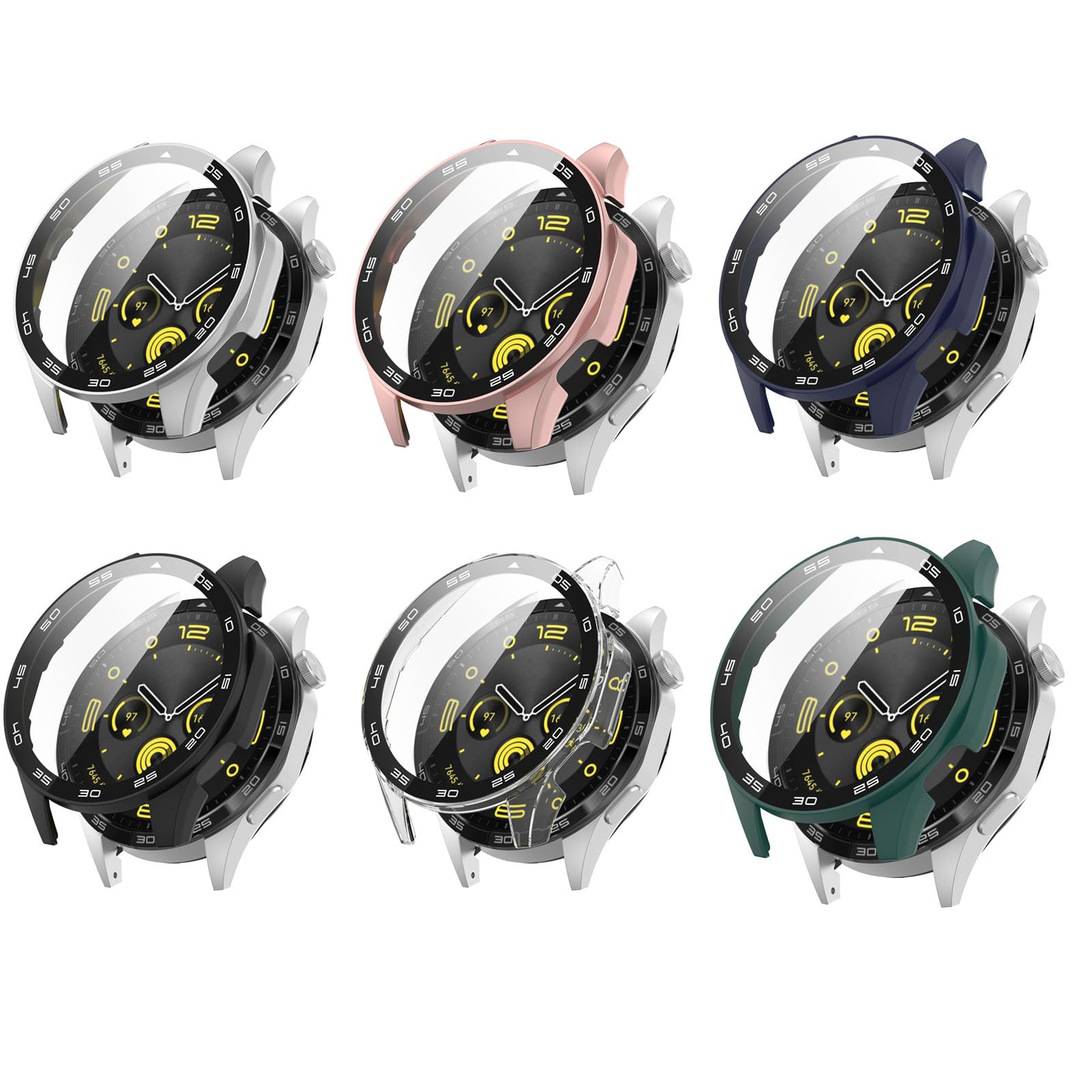 6 Pack Hard PC Case with Tempered Glass Screen Protector Compatible with Huawei Watch GT4 46MM Watch Bumper Guard Protective Cover with Hour Marker Touch Sensitive Film