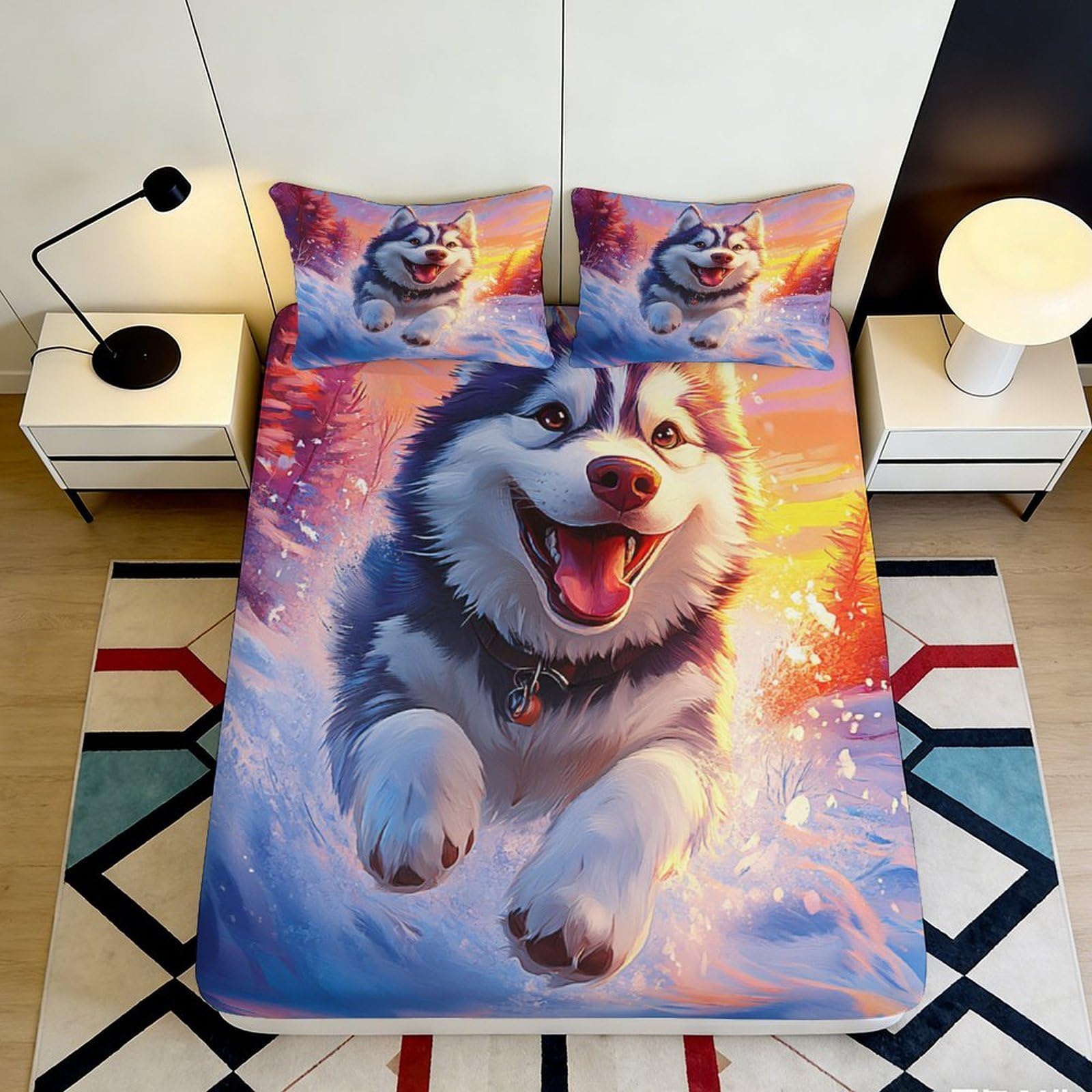 3D Printed Husky Pattern Fitted Sheet Microfiber Deep Pocket Non-Slip Bedding Husky Mattress Fitted Cover for All Ages 140x200x25cm